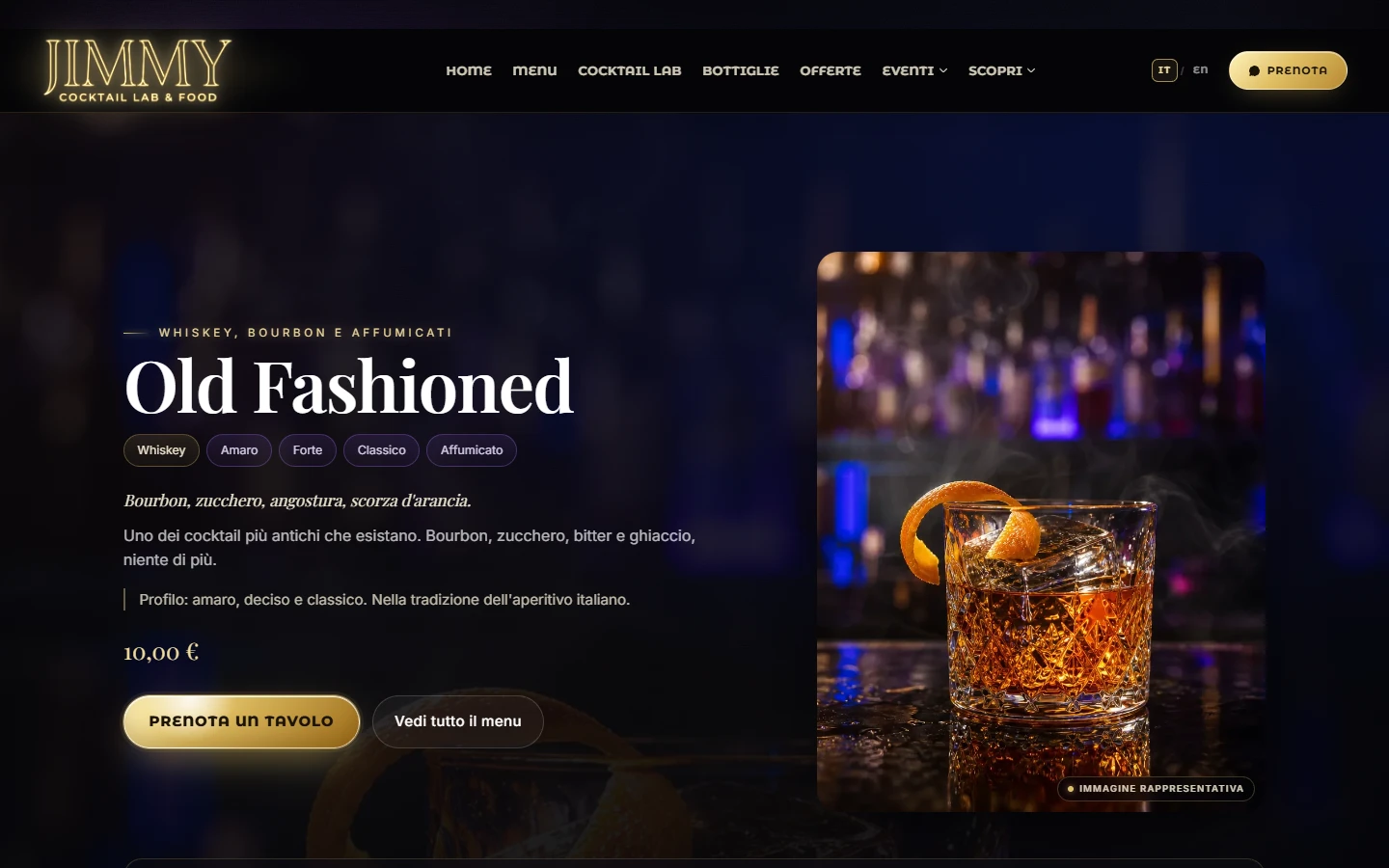 La scheda Old Fashioned del menu Jimmy, con foto, ingredienti e prezzo