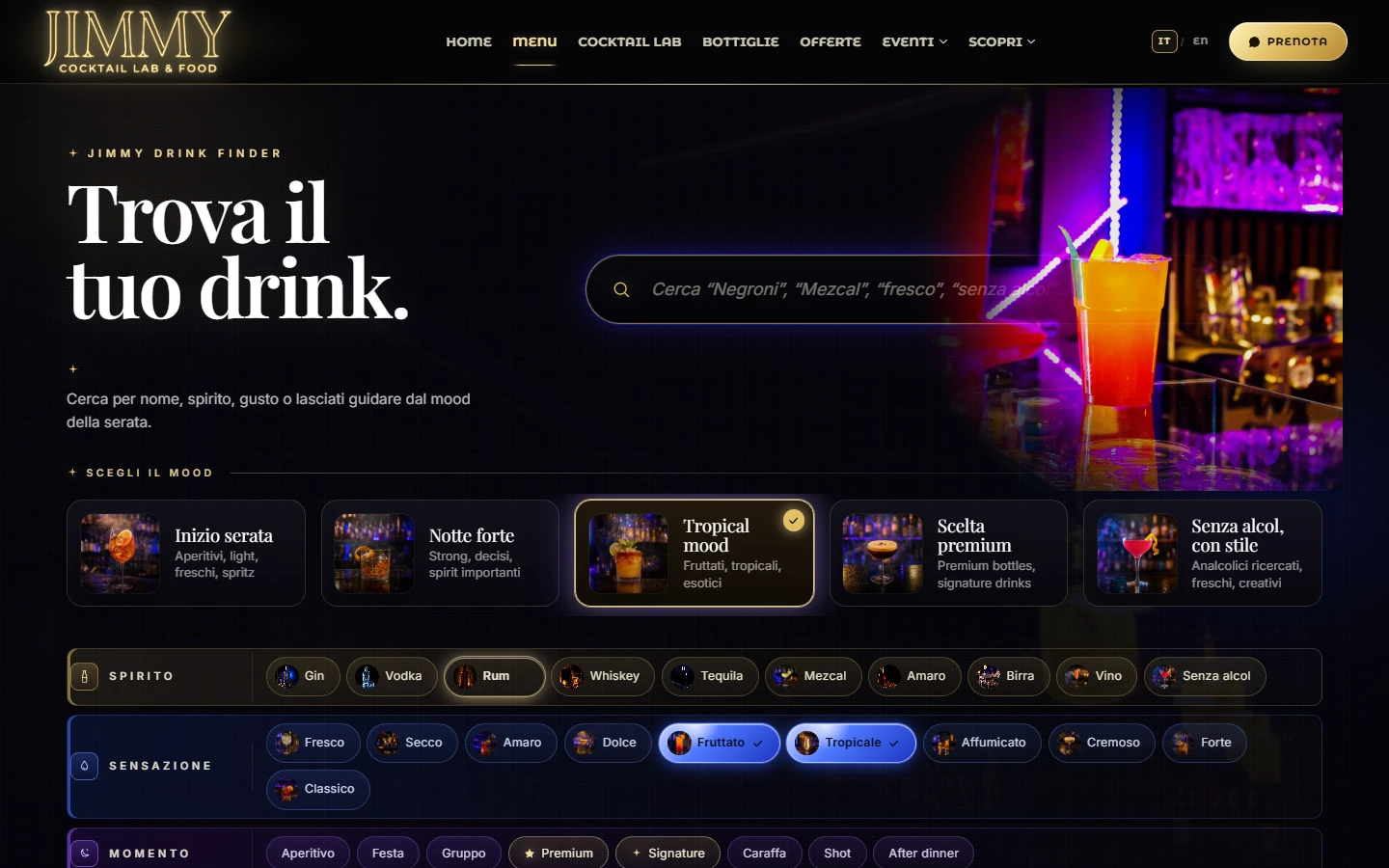 Menu Jimmy: ricerca del drink per gusti, ingredienti e atmosfera