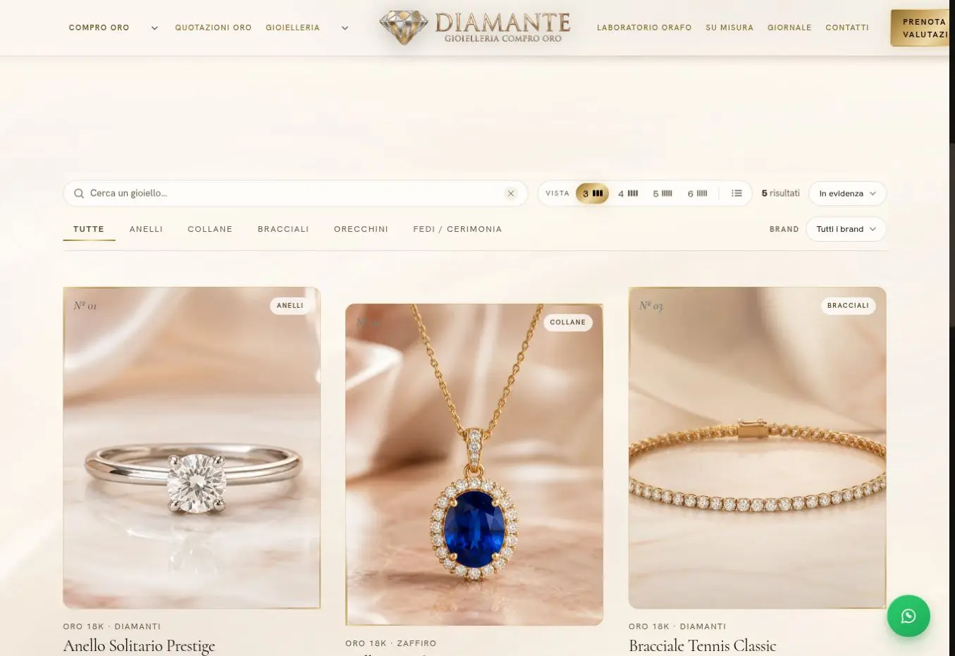 Catalogo live Diamante con ricerca, filtri e griglia di gioielli