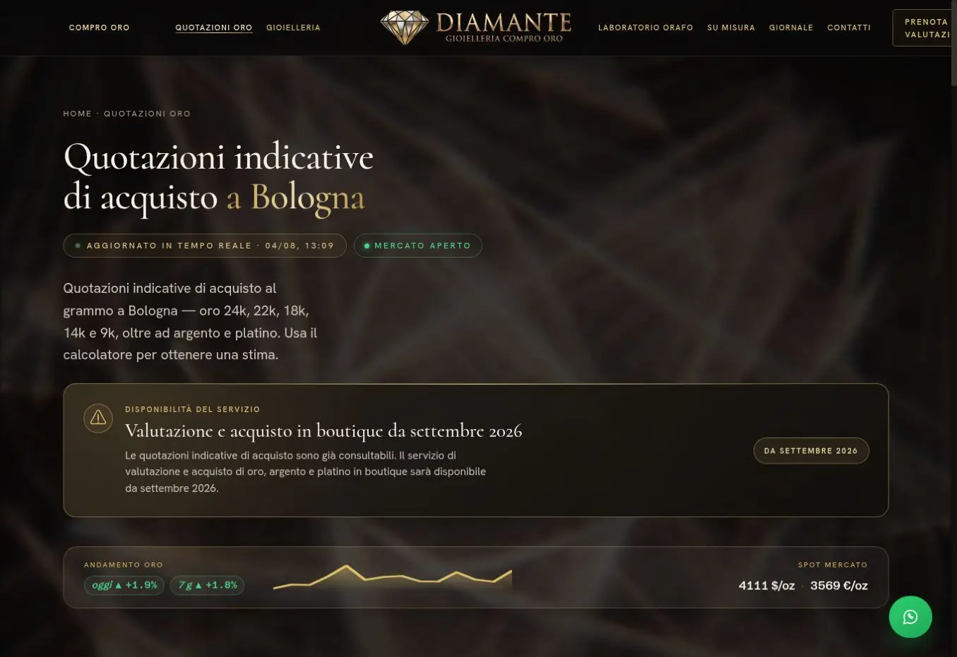 Pagina live delle quotazioni Diamante con stato del mercato e disponibilità del servizio