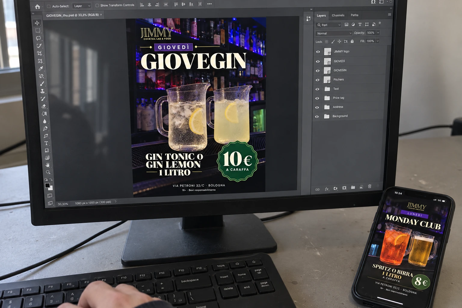 Jimmy Cocktail Lab / Offerte settimanali / dal layout al telefono. Ricostruzione editoriale di studio · AI.