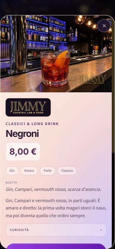 Scheda mobile Negroni del menu Jimmy con fotografia originale, ingredienti e descrizione.