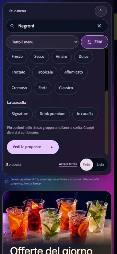 Menu Jimmy sul telefono con ricerca Negroni e filtri aperti per gusto, stile e tipo di proposta.