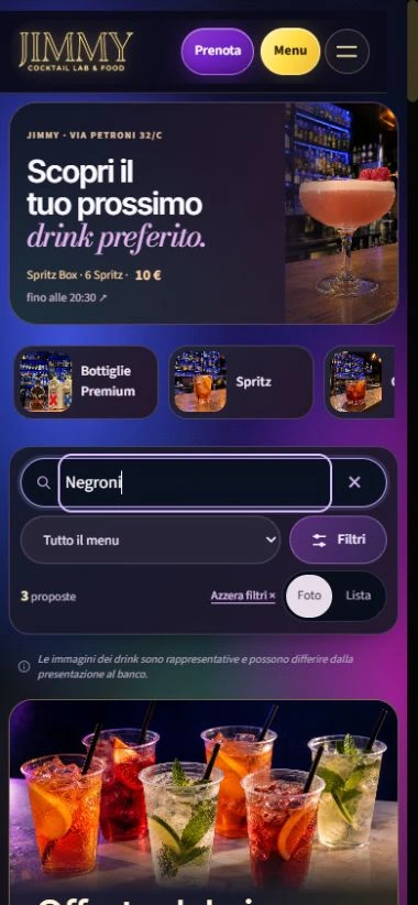 Schermata mobile del menu Jimmy con ricerca e categorie.