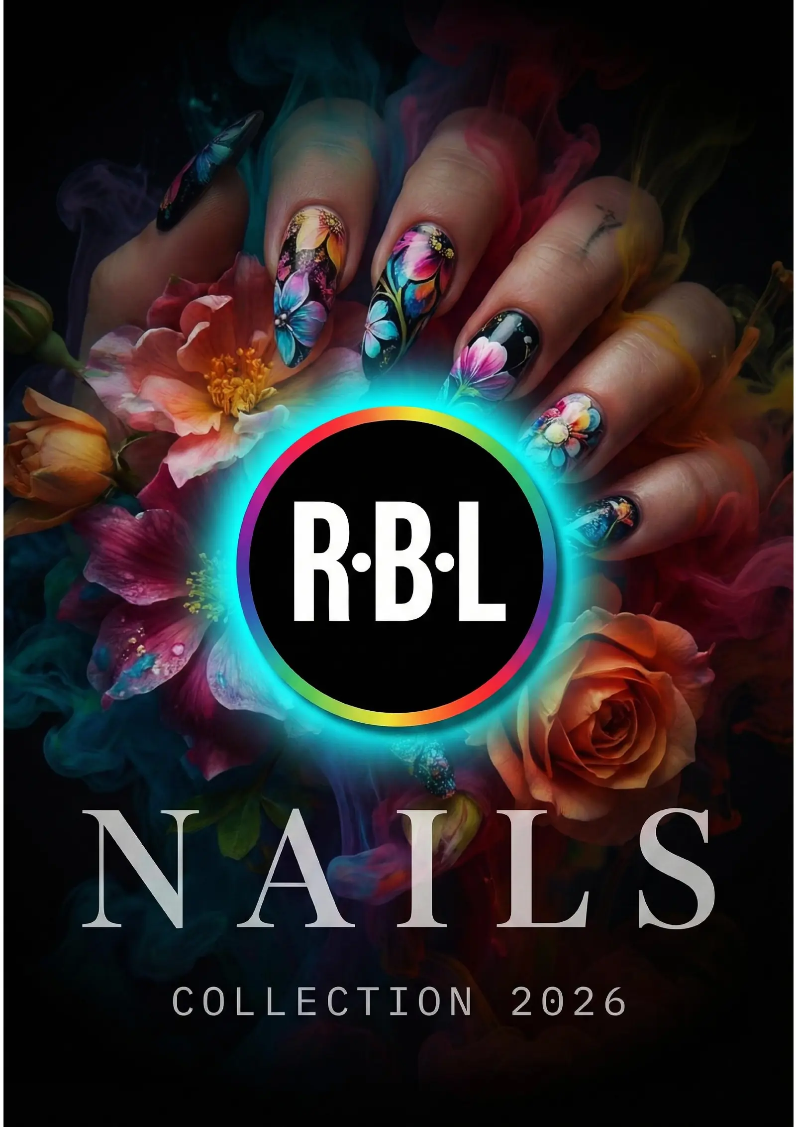Copertina nera del catalogo R·B·L Nails Collection 2026, con composizione floreale e manicure multicolore.