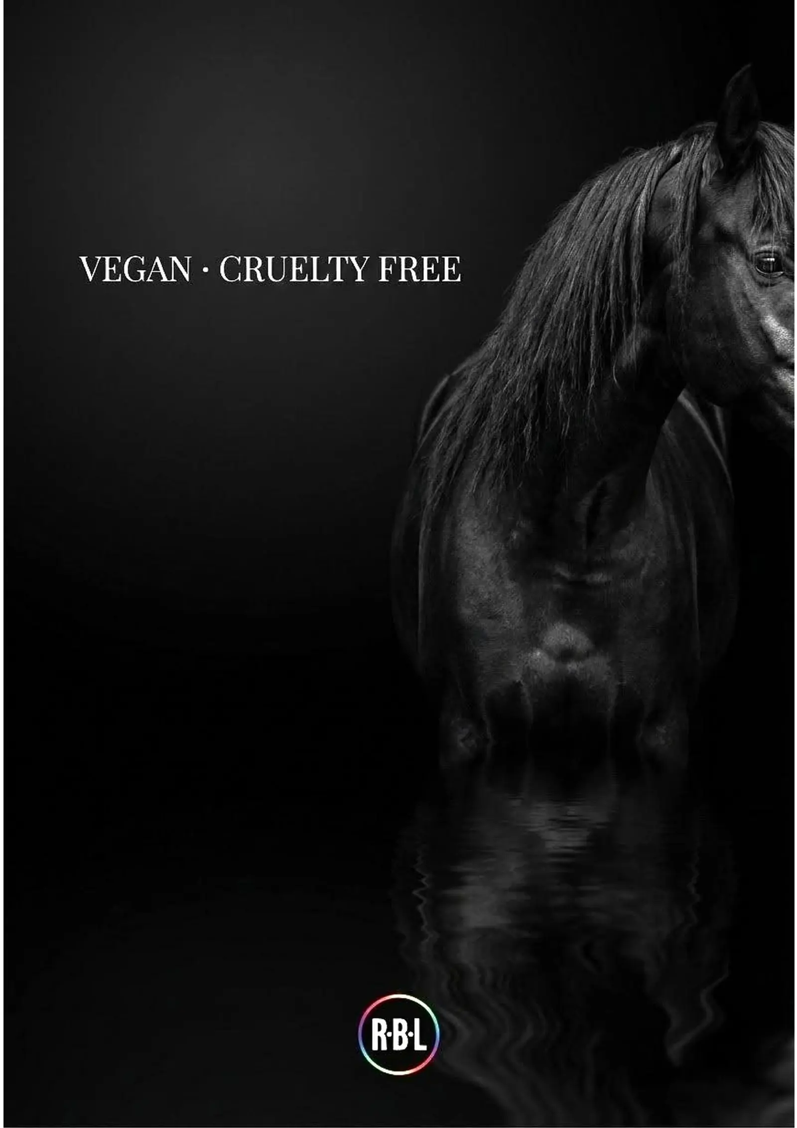 Pagina nera con cavallo e dicitura Vegan e Cruelty Free del catalogo R·B·L Nails.