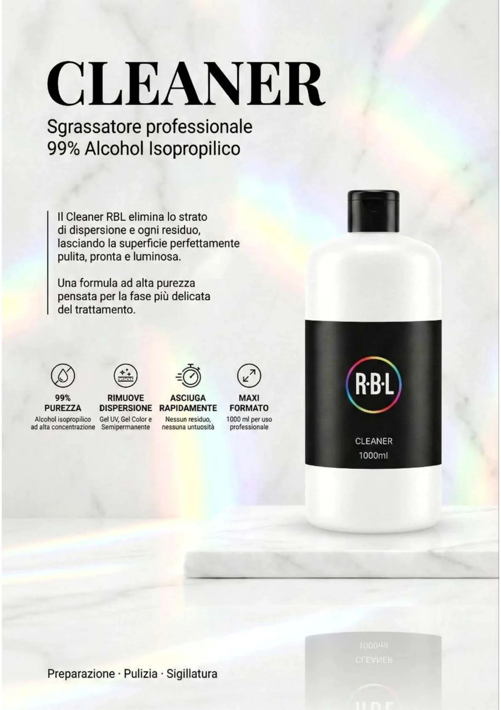 Pagina 7. Scheda Cleaner su fondo chiaro, con flacone, testo di presentazione e icone funzionali.