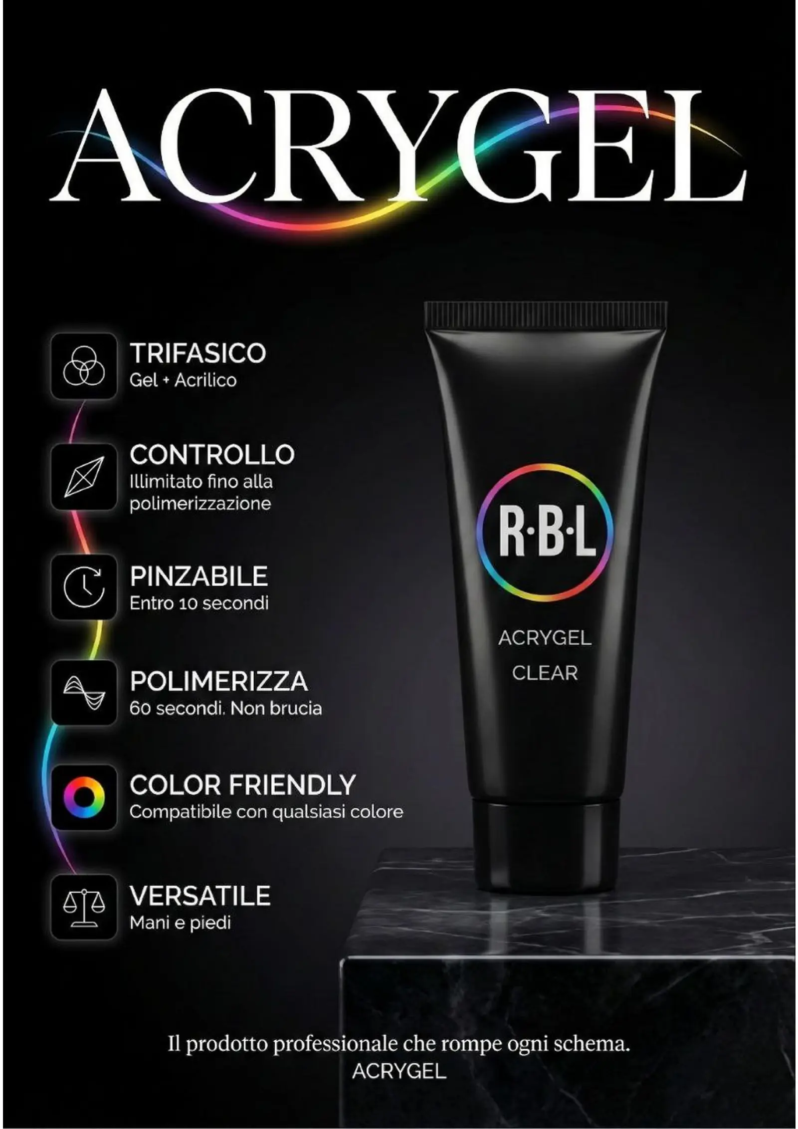 Scheda Acrygel con prodotto, icone funzionali e gerarchia tecnica su fondo nero.