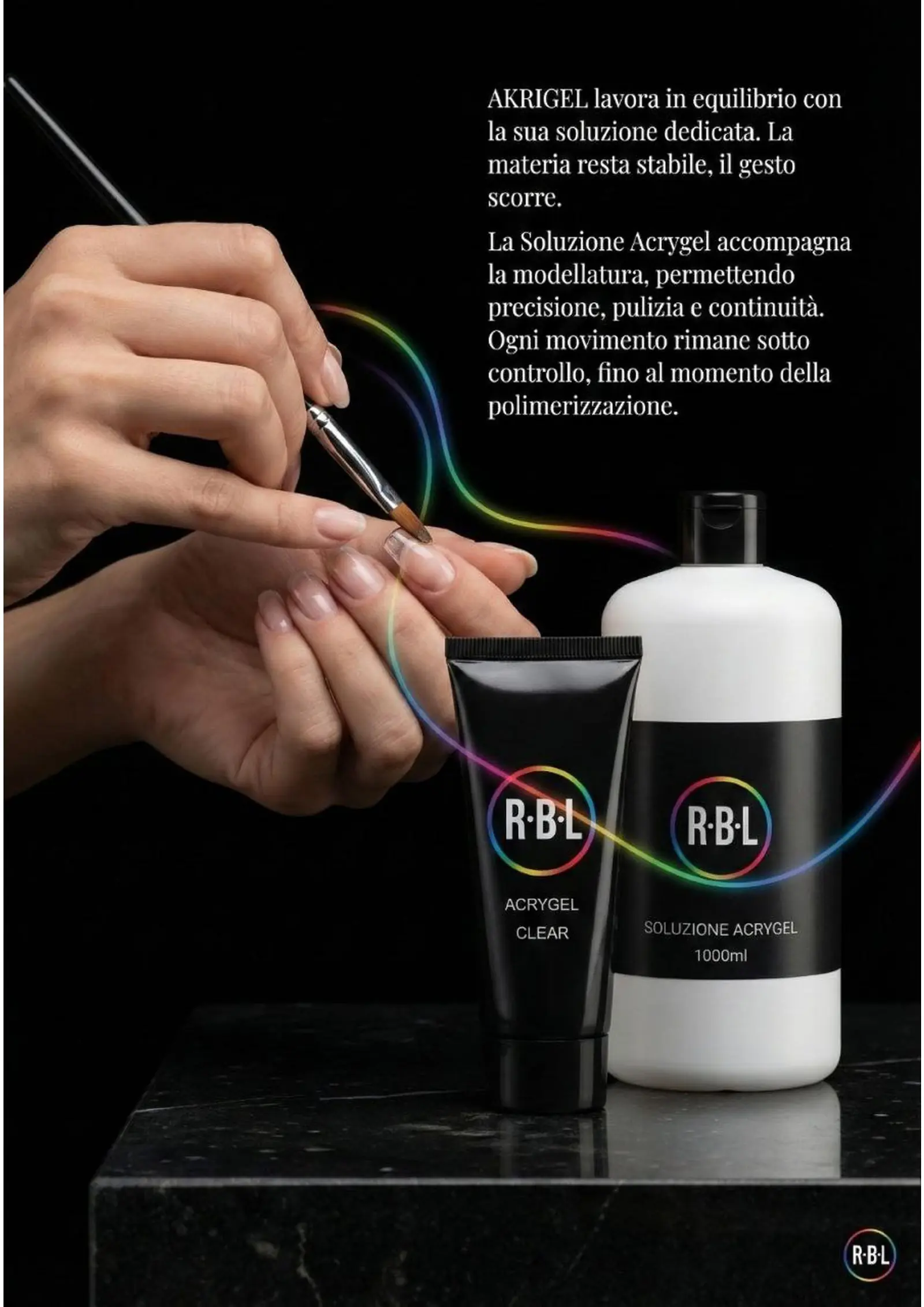 Pagina Acrygel con scena di applicazione, tubo e flacone su fondo nero.