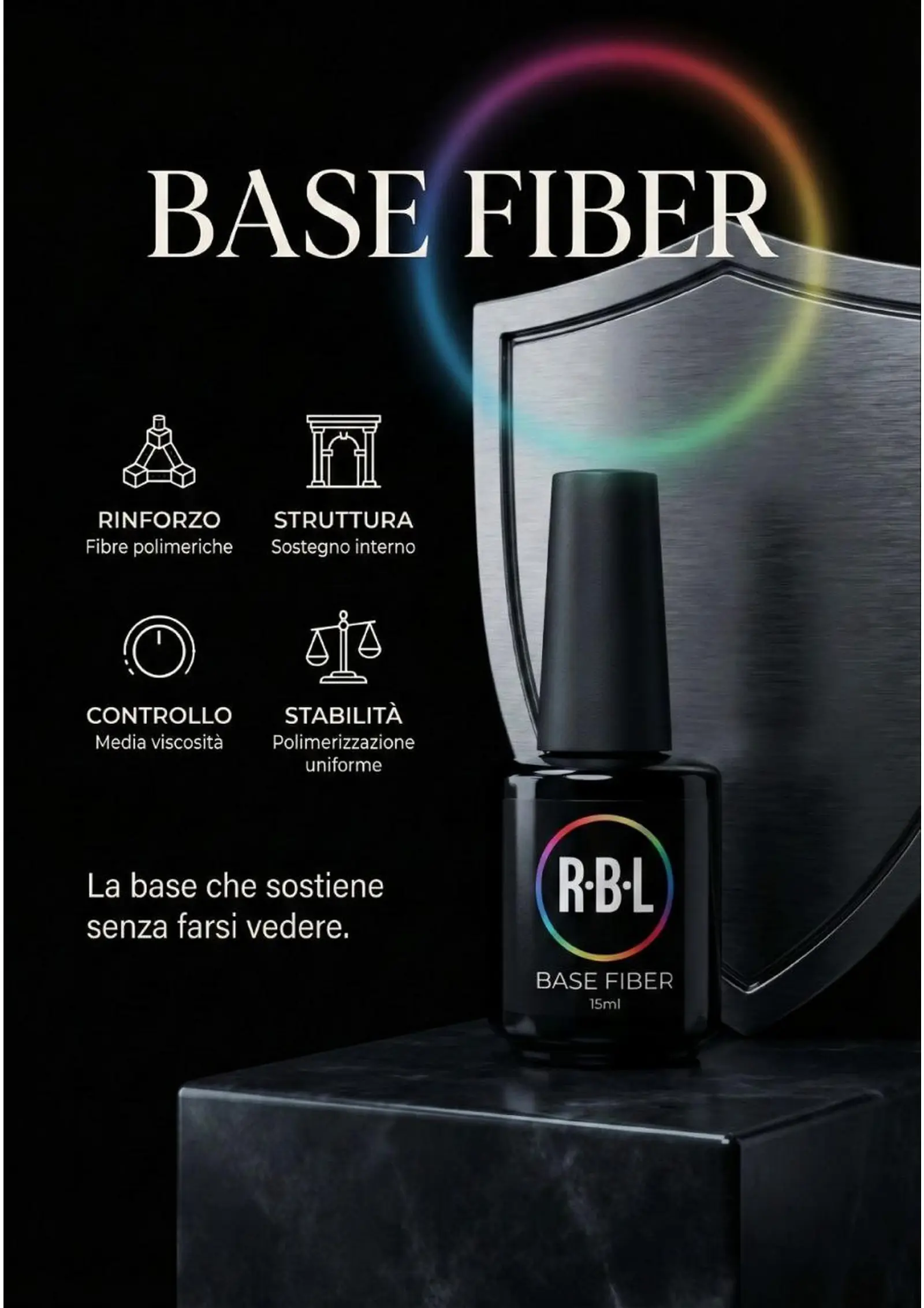 Scheda Base Fiber con flacone, icone di rinforzo e arco luminoso multicolore.