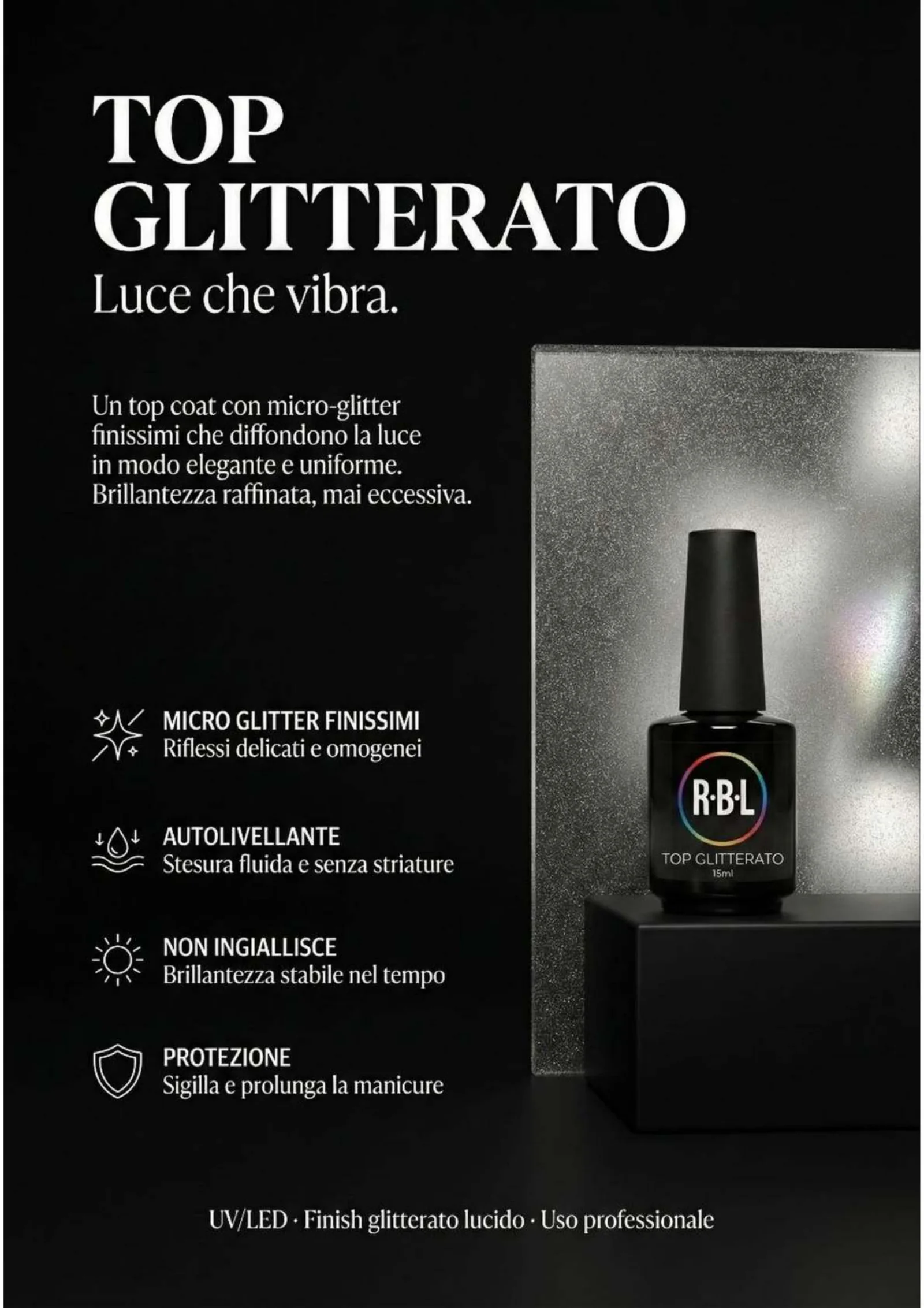 Pagina 31. Scheda Top Glitterato con flacone, icone e pannello di materia brillante.