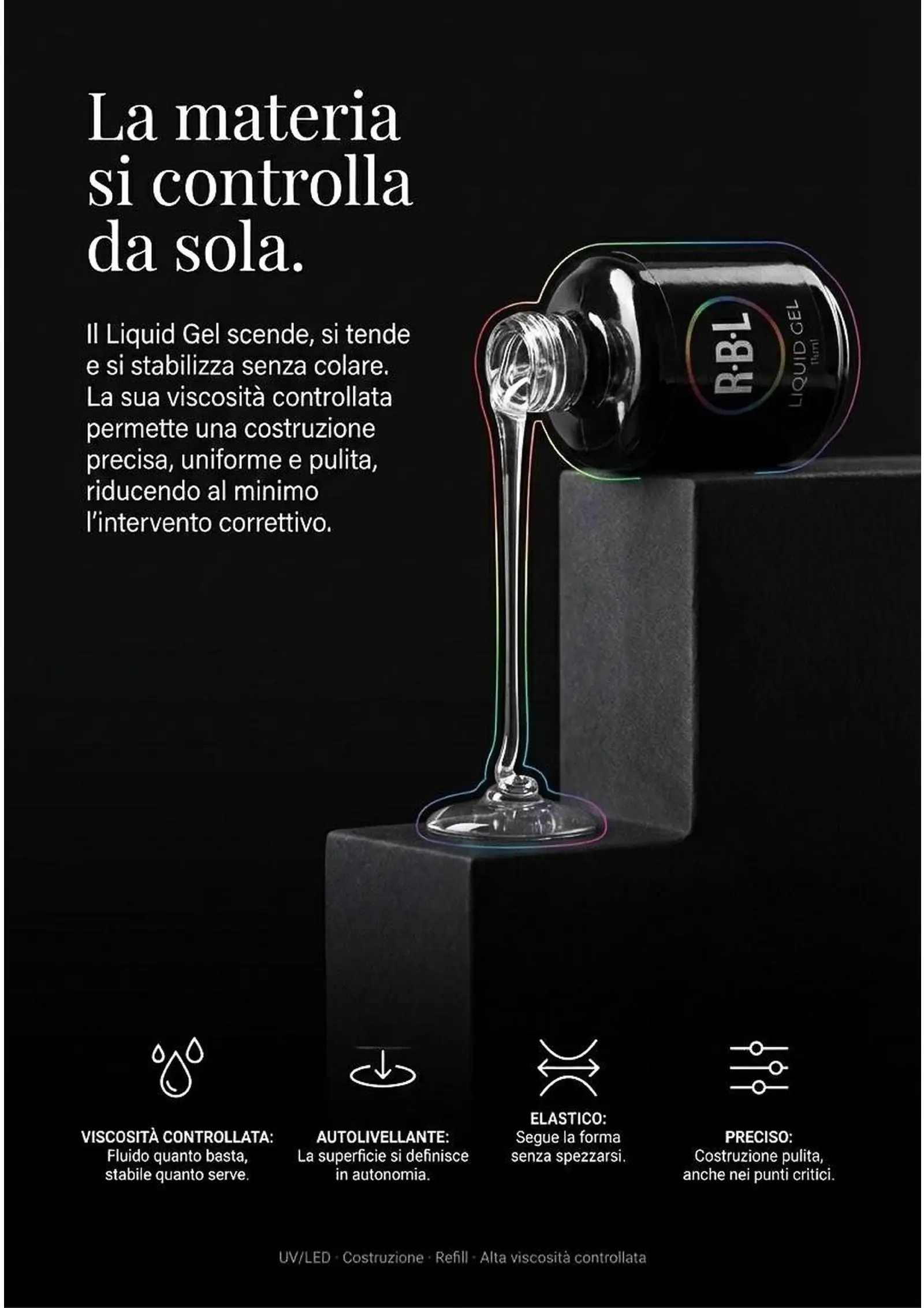 Pagina Liquid Gel con materiale trasparente colato da un flacone su struttura nera.