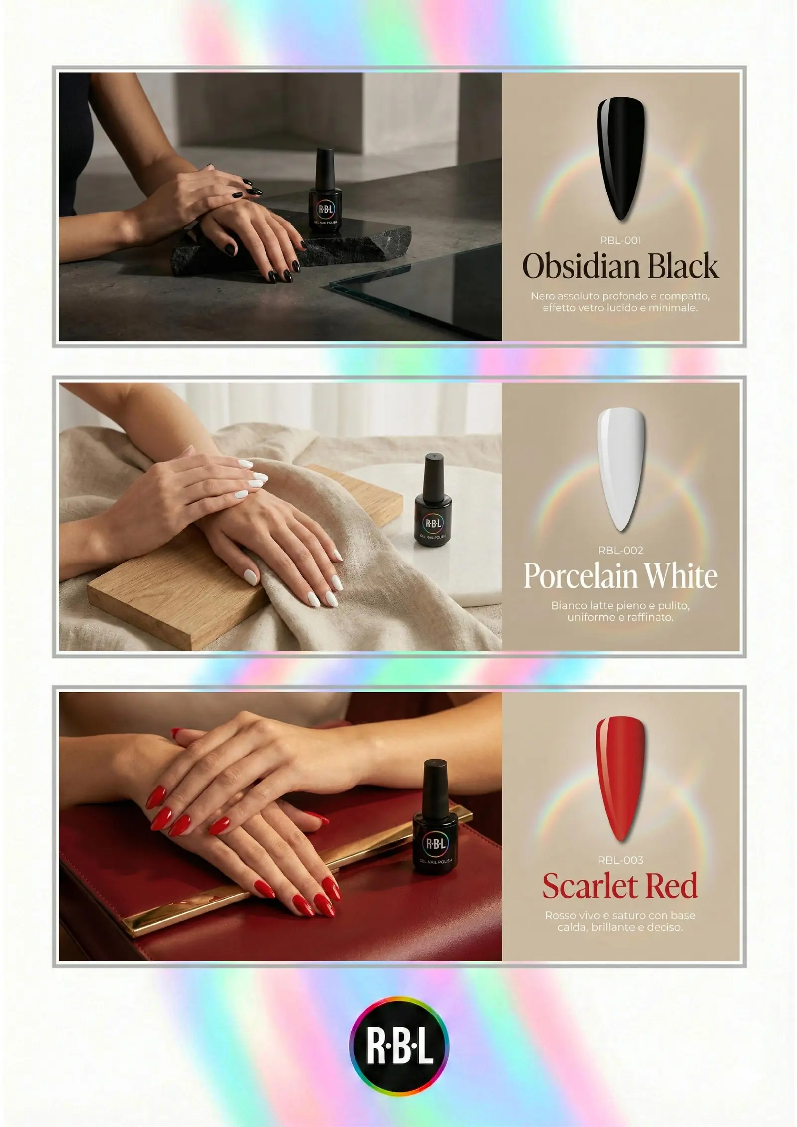 Pagina chiara con campioni Obsidian Black, Porcelain White e Scarlet Red.
