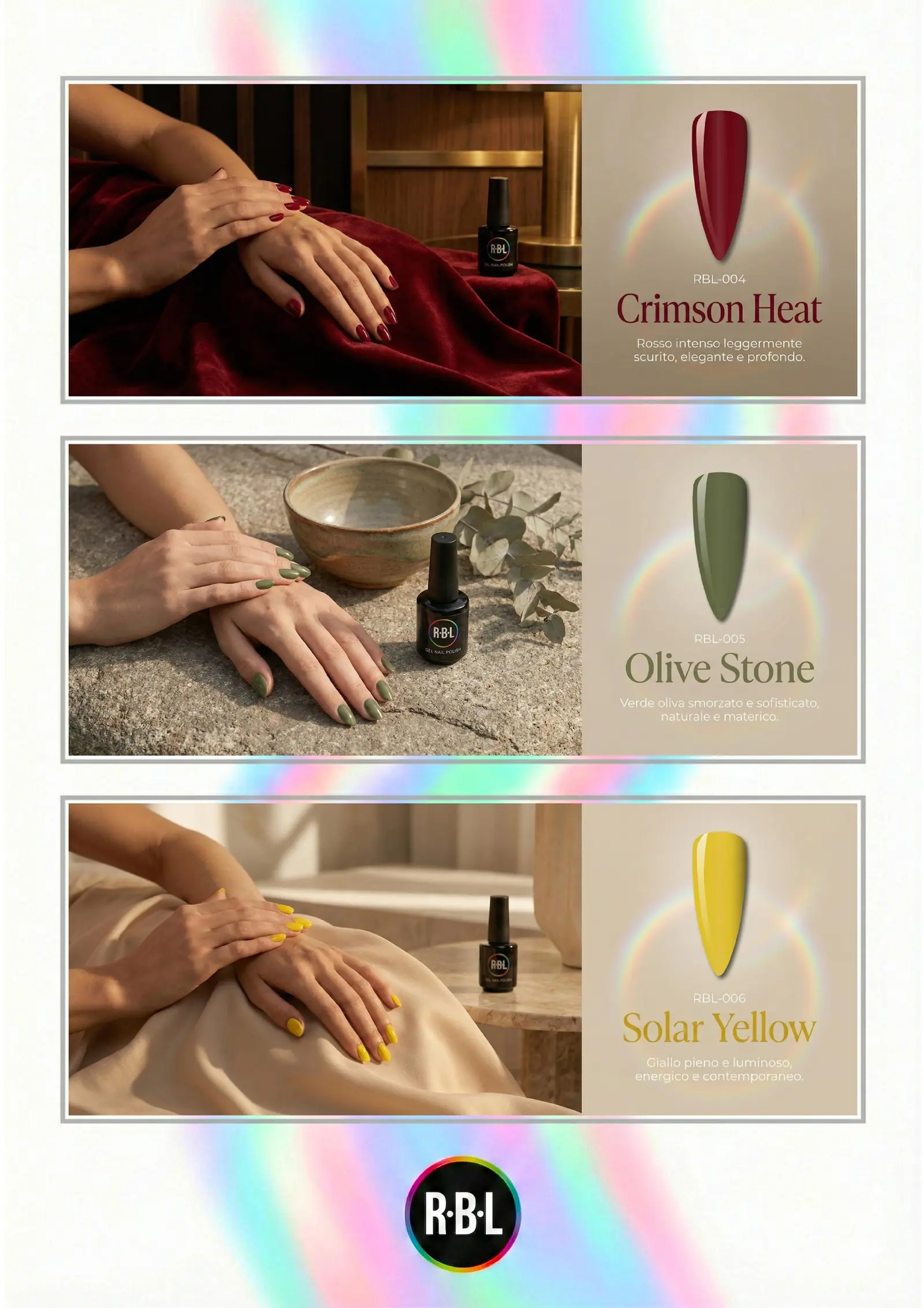 Pagina chiara con campioni Crimson Heat, Olive Stone e Solar Yellow.