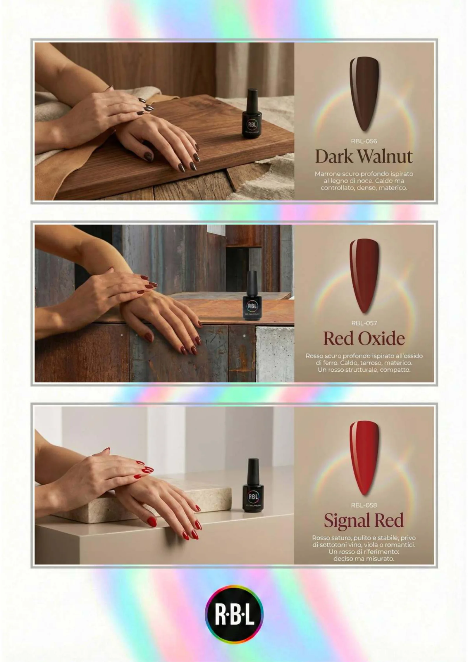 Pagina 59. Pagina dell’atlante cromatico su fondo chiaro. Tre moduli affiancano immagini di manicure, campioni di colore, nomi e codici delle tonalità.