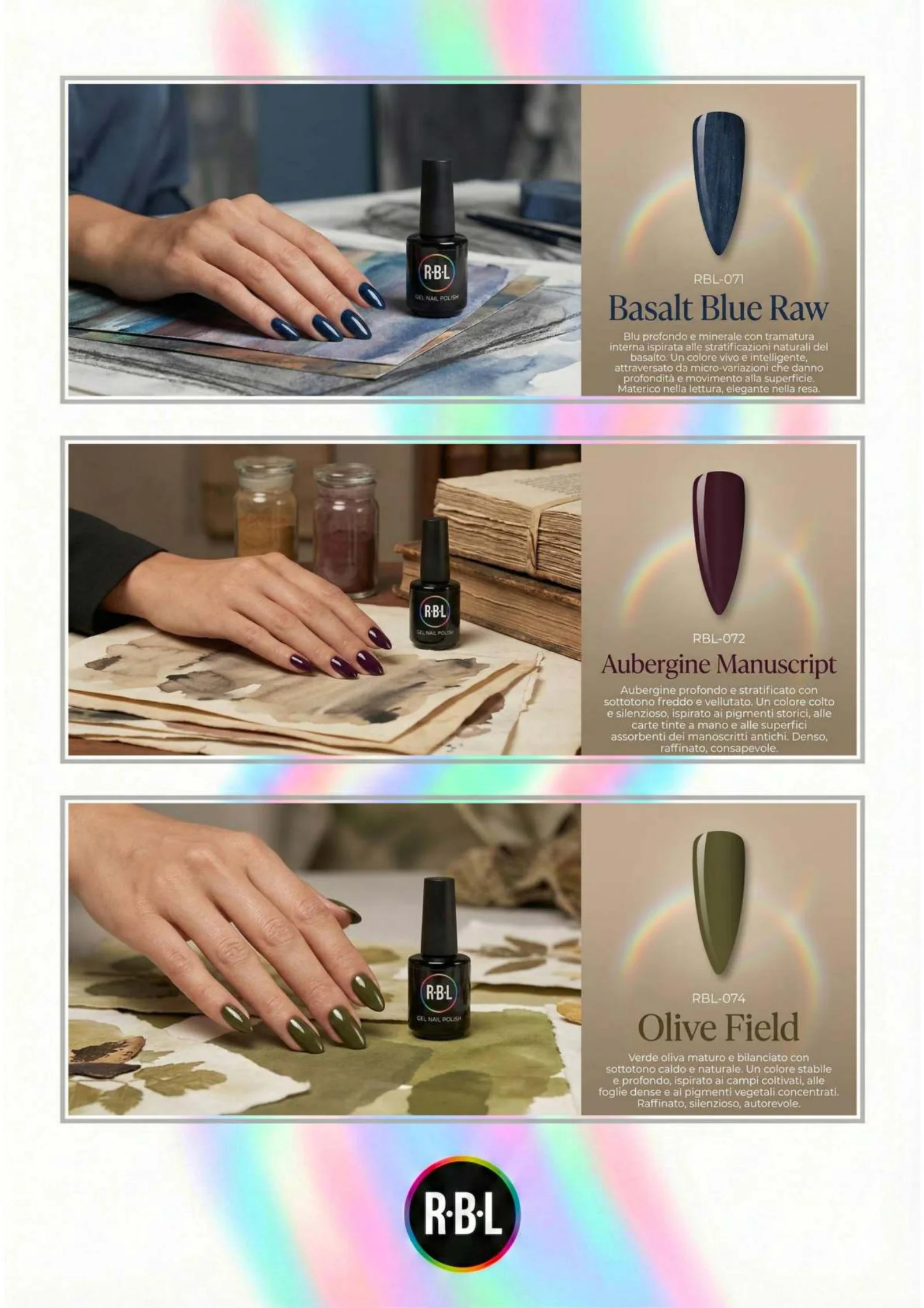 Pagina 64. Pagina dell’atlante cromatico su fondo chiaro. Tre moduli affiancano immagini di manicure, campioni di colore, nomi e codici delle tonalità.