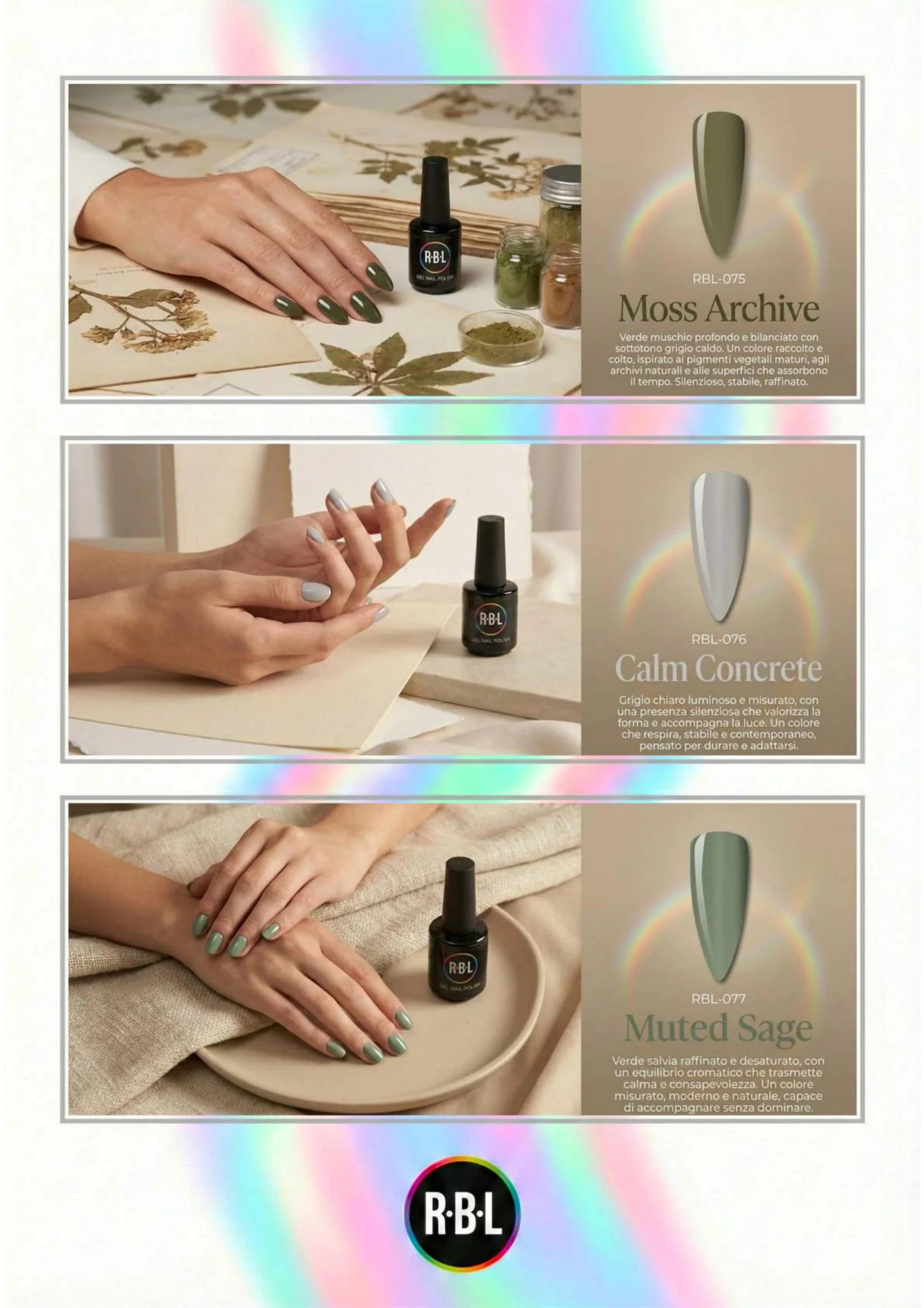 Pagina 65. Pagina dell’atlante cromatico su fondo chiaro. Tre moduli affiancano immagini di manicure, campioni di colore, nomi e codici delle tonalità.