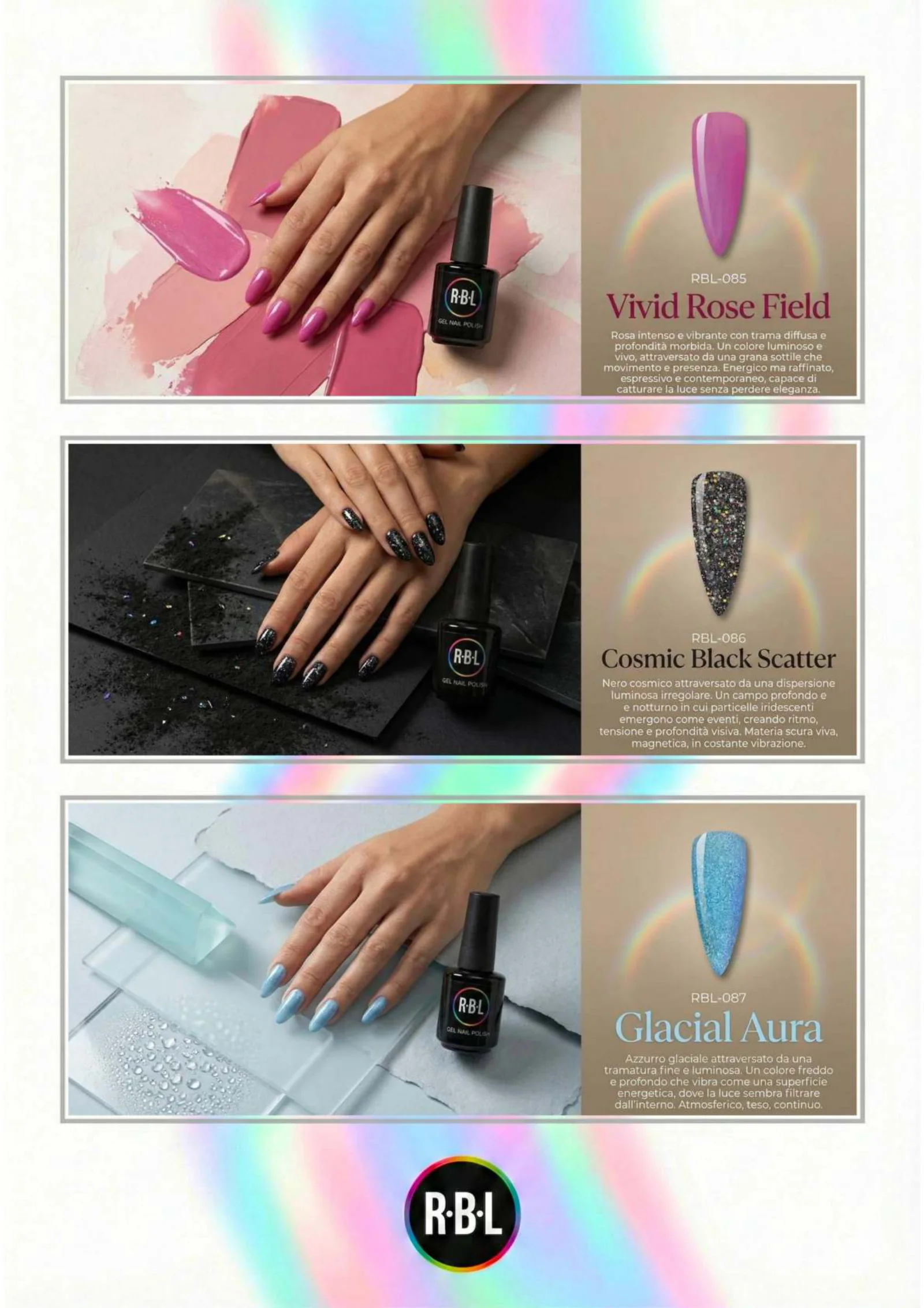 Pagina 68. Pagina dell’atlante cromatico su fondo chiaro. Tre moduli affiancano immagini di manicure, campioni di colore, nomi e codici delle tonalità.