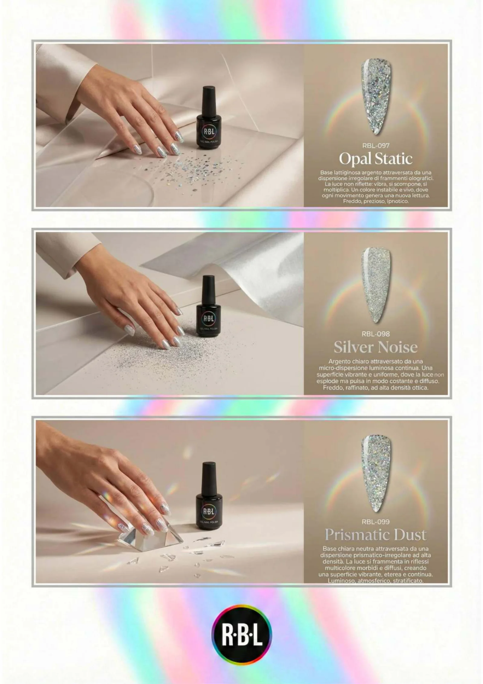 Pagina 72. Pagina dell’atlante cromatico su fondo chiaro. Tre moduli affiancano immagini di manicure, campioni di colore, nomi e codici delle tonalità.