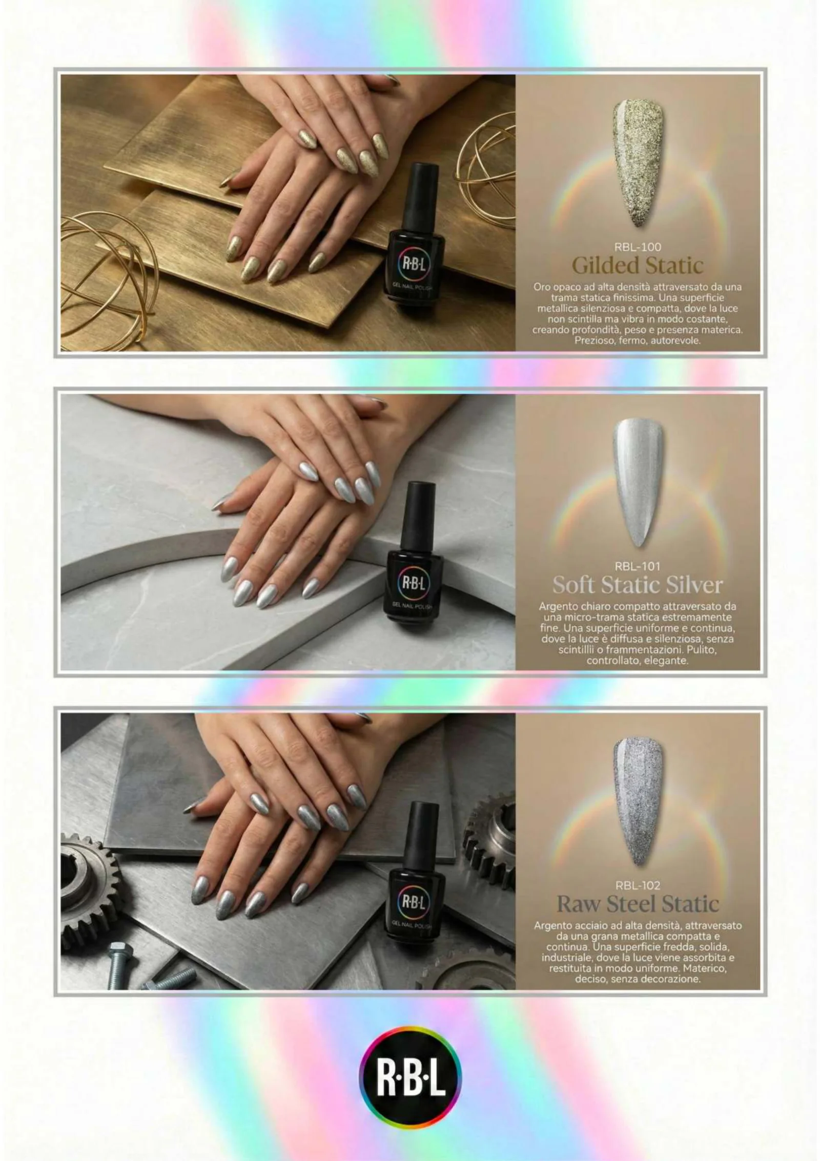 Pagina 73. Pagina dell’atlante cromatico su fondo chiaro. Tre moduli affiancano immagini di manicure, campioni di colore, nomi e codici delle tonalità.