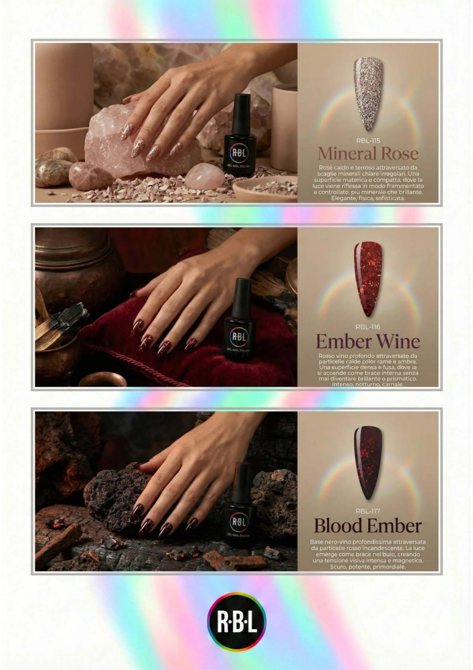 Pagina 78. Pagina dell’atlante cromatico su fondo chiaro. Tre moduli affiancano immagini di manicure, campioni di colore, nomi e codici delle tonalità.