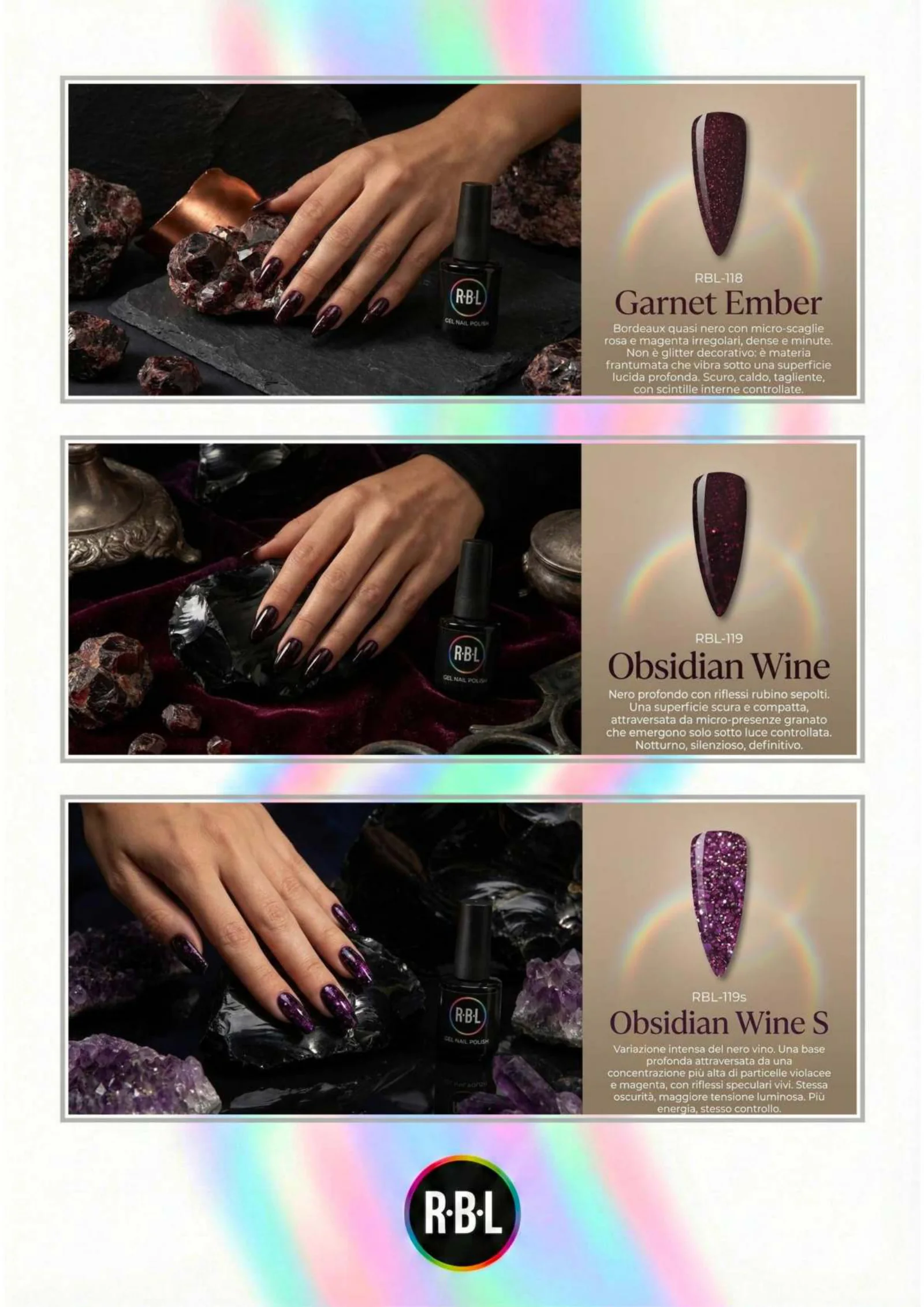 Pagina 79. Pagina dell’atlante cromatico su fondo chiaro. Tre moduli affiancano immagini di manicure, campioni di colore, nomi e codici delle tonalità.