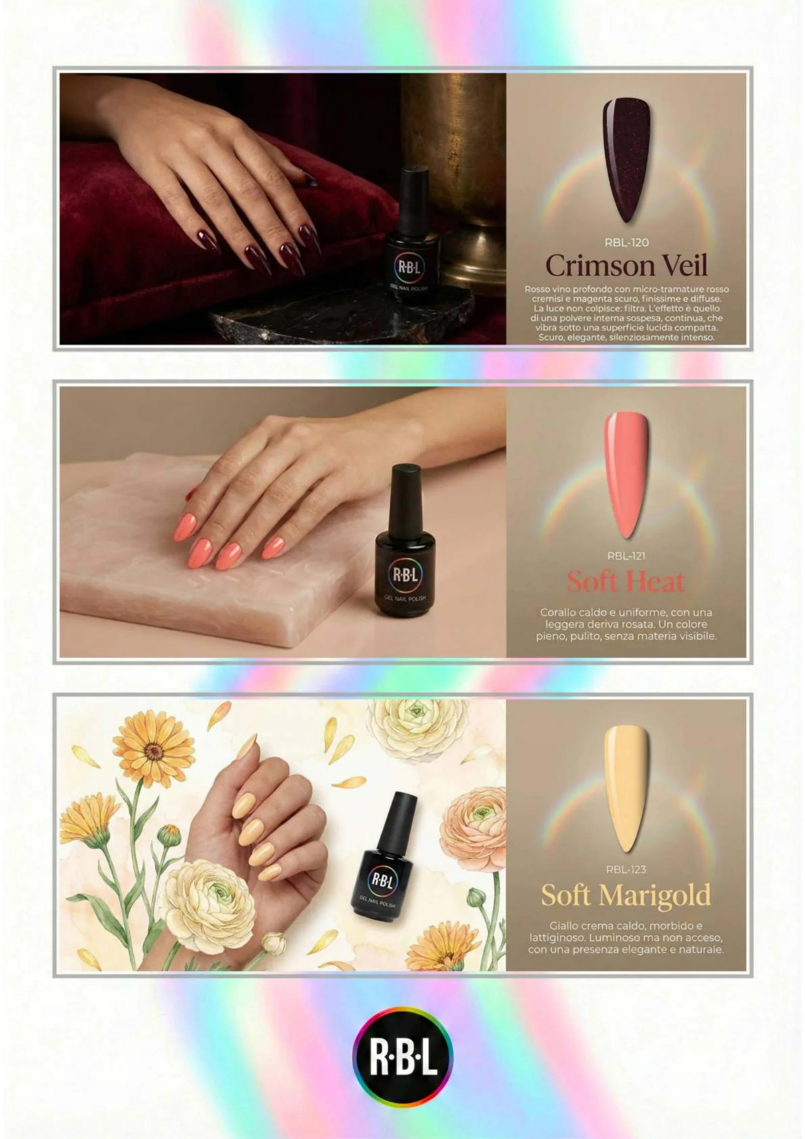 Pagina 80. Pagina dell’atlante cromatico su fondo chiaro. Tre moduli affiancano immagini di manicure, campioni di colore, nomi e codici delle tonalità.