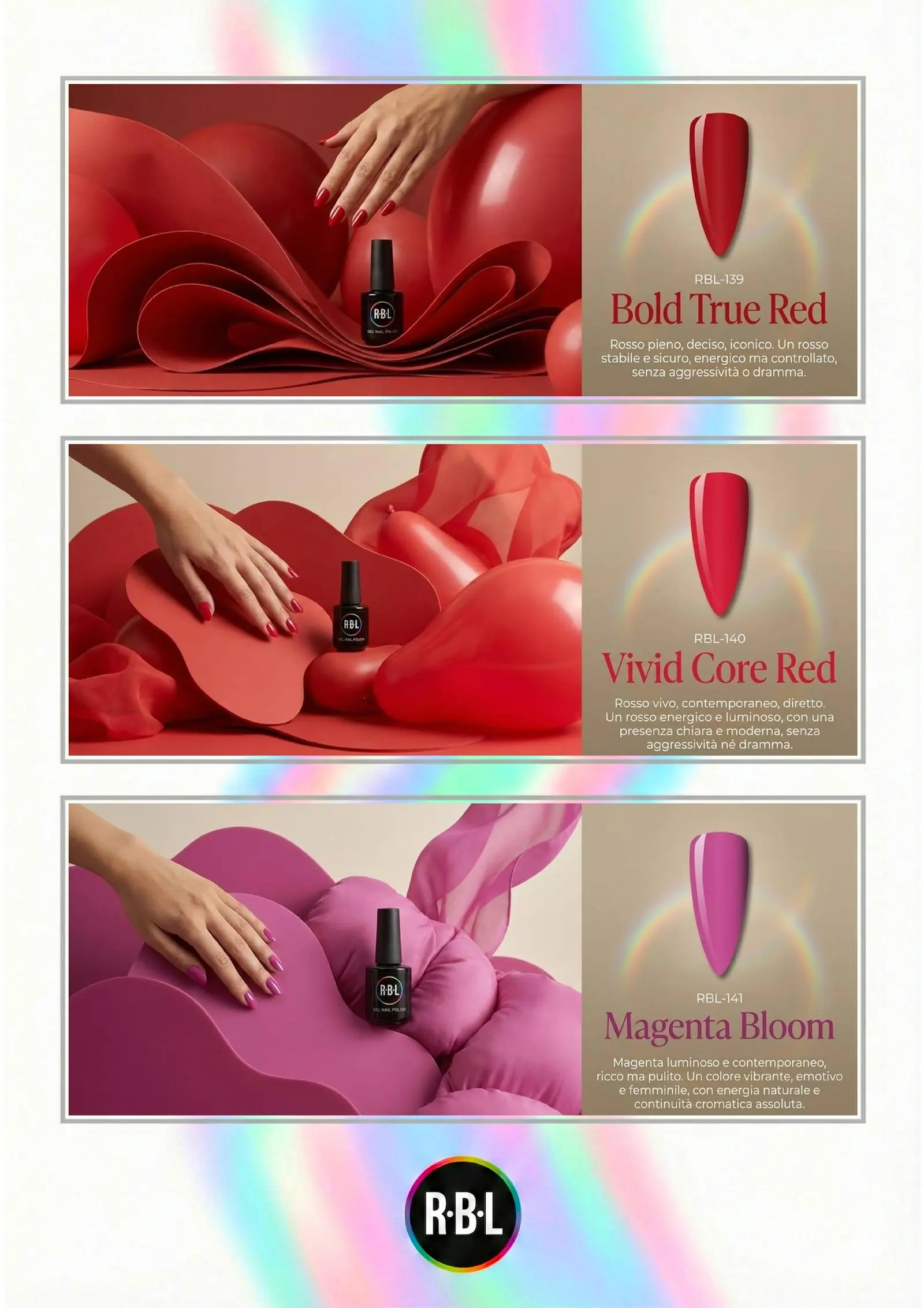 Pagina chiara con campioni Bold True Red, Vivid Coquelicot Red e Magenta Bloom.