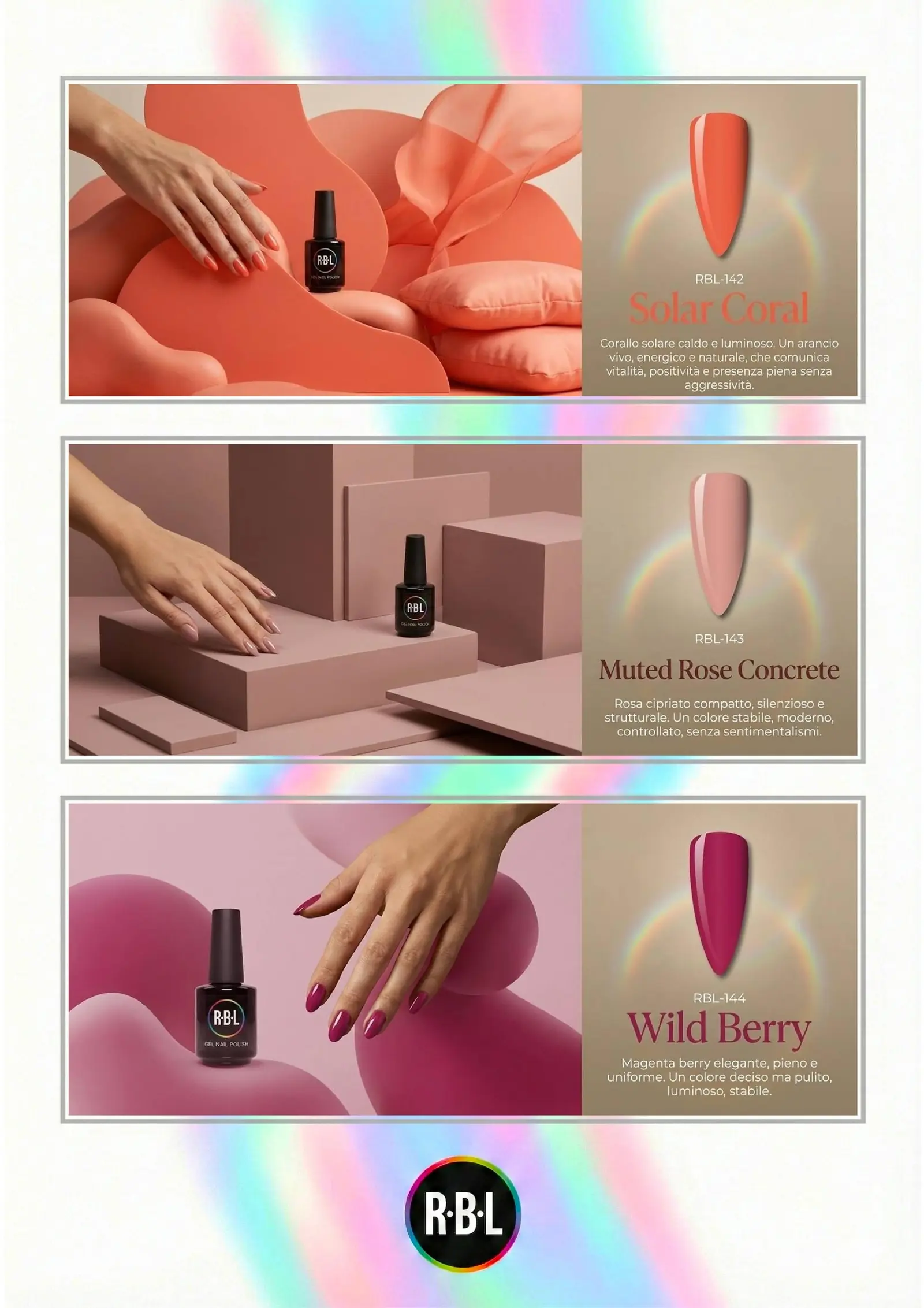 Pagina chiara con campioni Solar Coral, Muted Rose Concrete e Wild Berry.