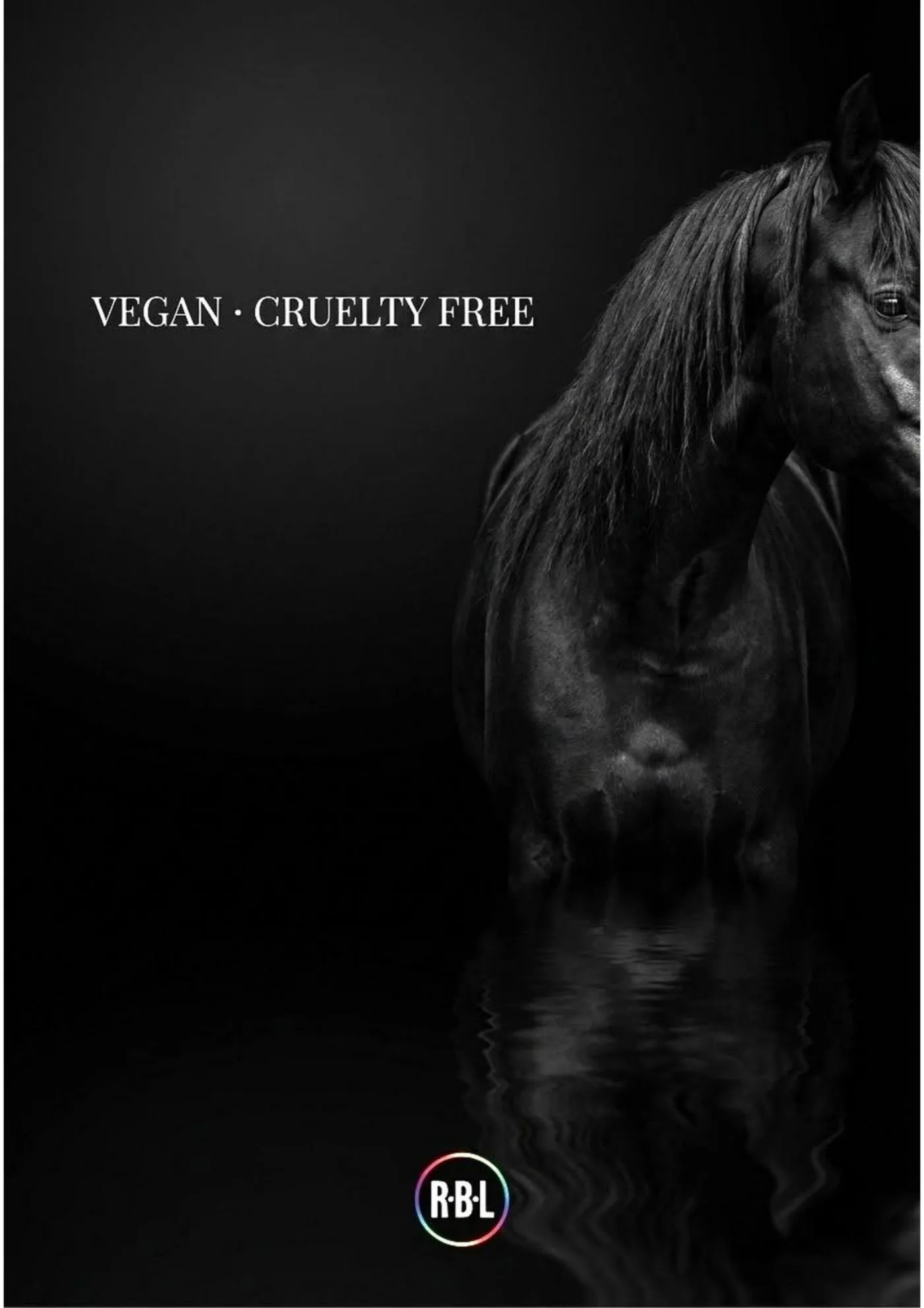 Pagina nera con cavallo e dicitura Vegan e Cruelty Free del catalogo R·B·L Nails.