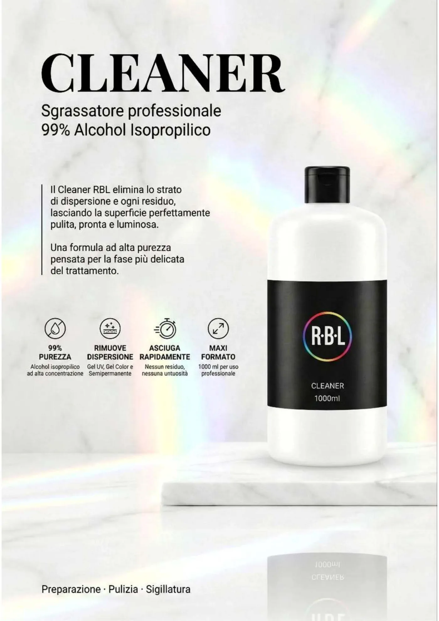 Pagina 7. Scheda Cleaner su fondo chiaro, con flacone, testo di presentazione e icone funzionali.