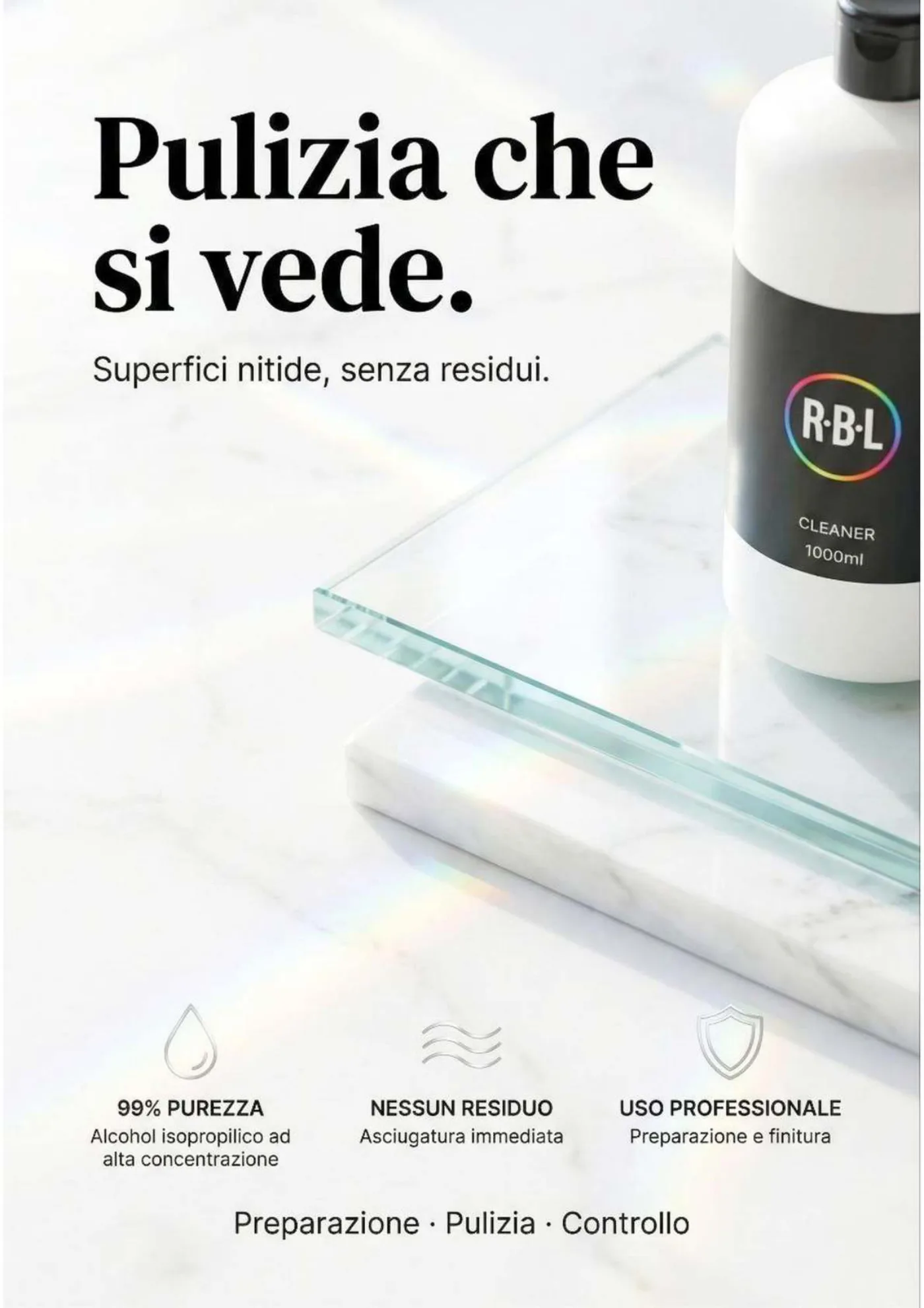 Pagina 8. Pagina Cleaner con titolo «Pulizia che si vede», flacone e strumenti su una superficie chiara.