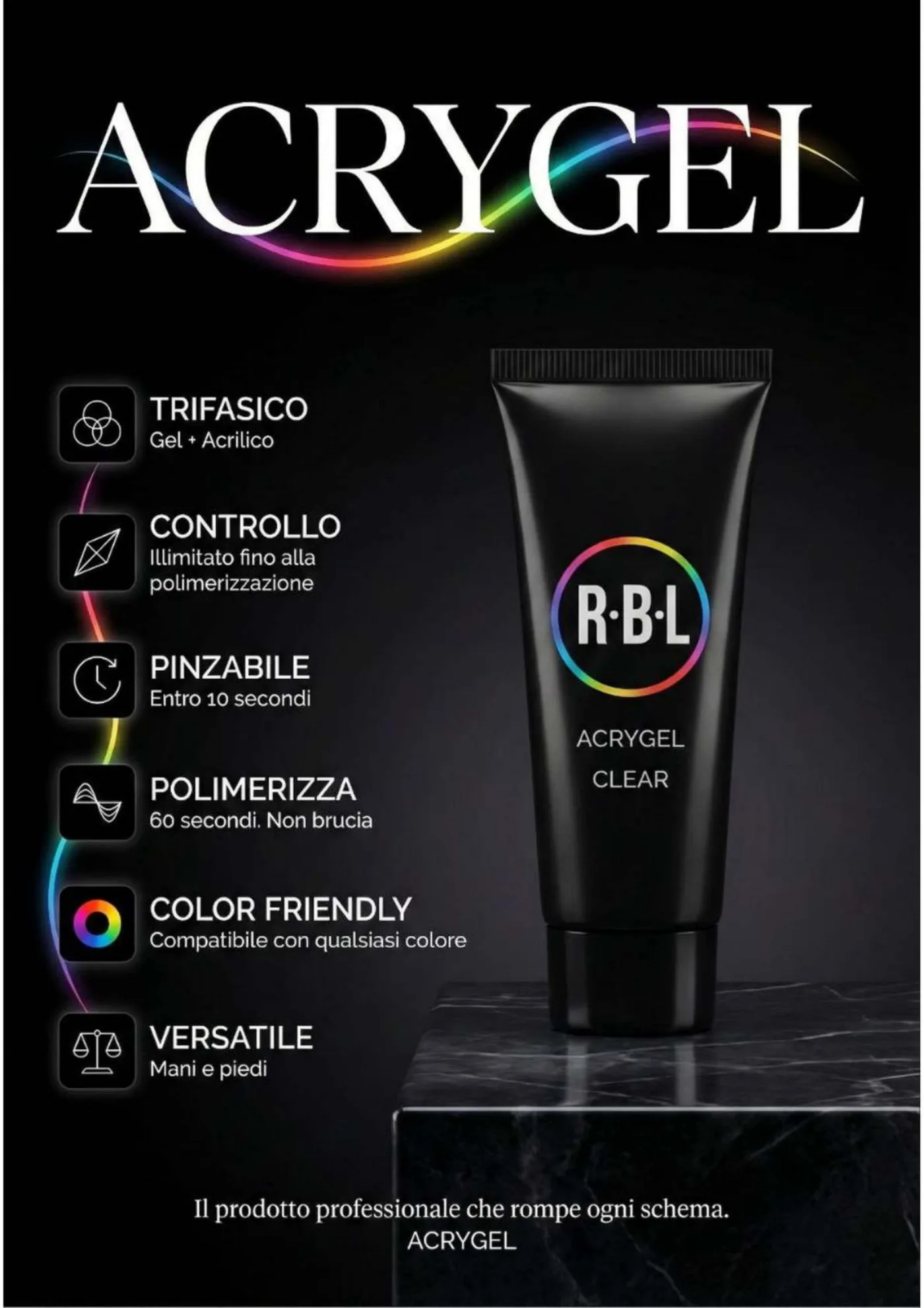 Scheda Acrygel con prodotto, icone funzionali e gerarchia tecnica su fondo nero.