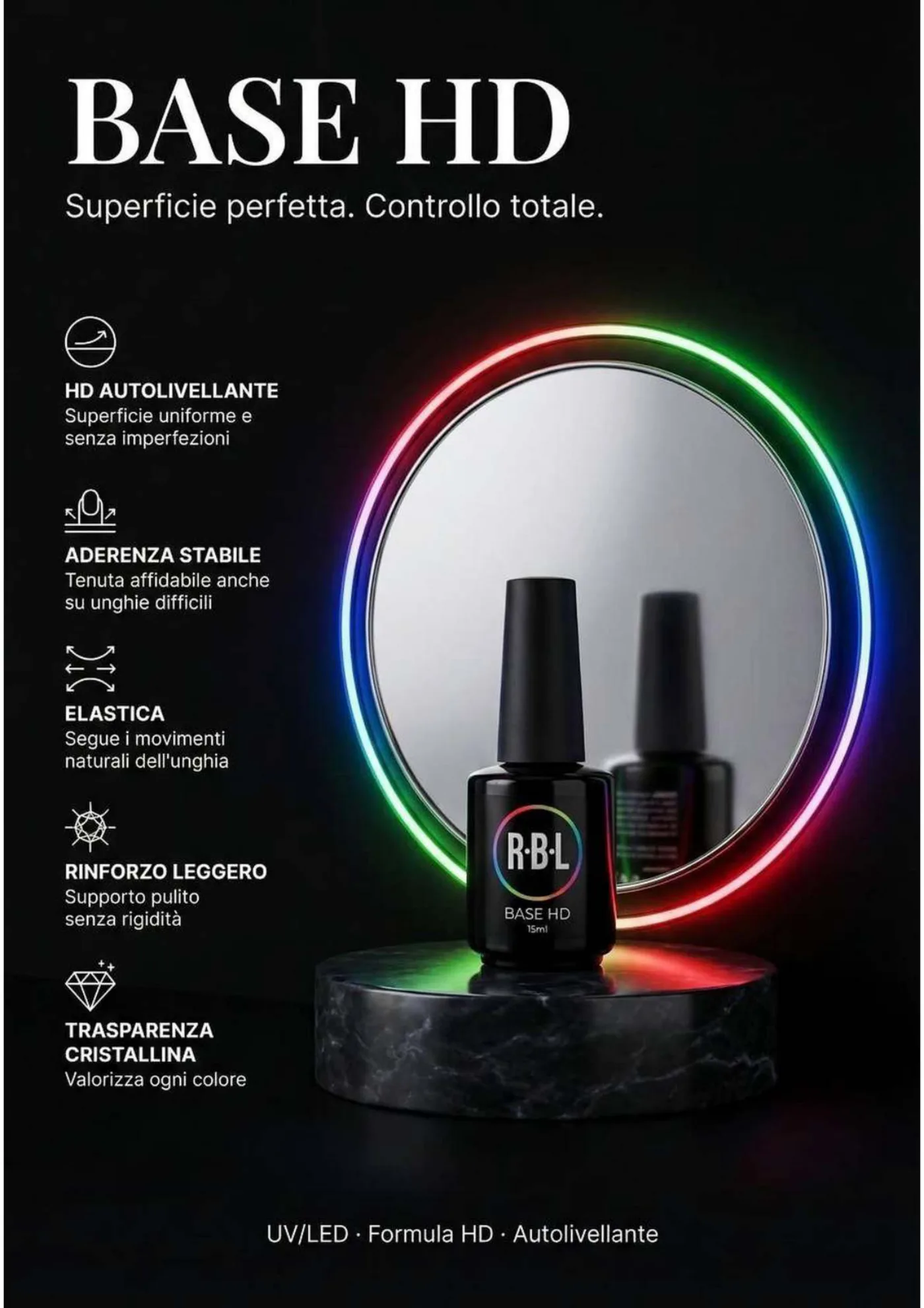 Pagina 23. Scheda Base HD con flacone, icone e una cornice circolare luminosa.
