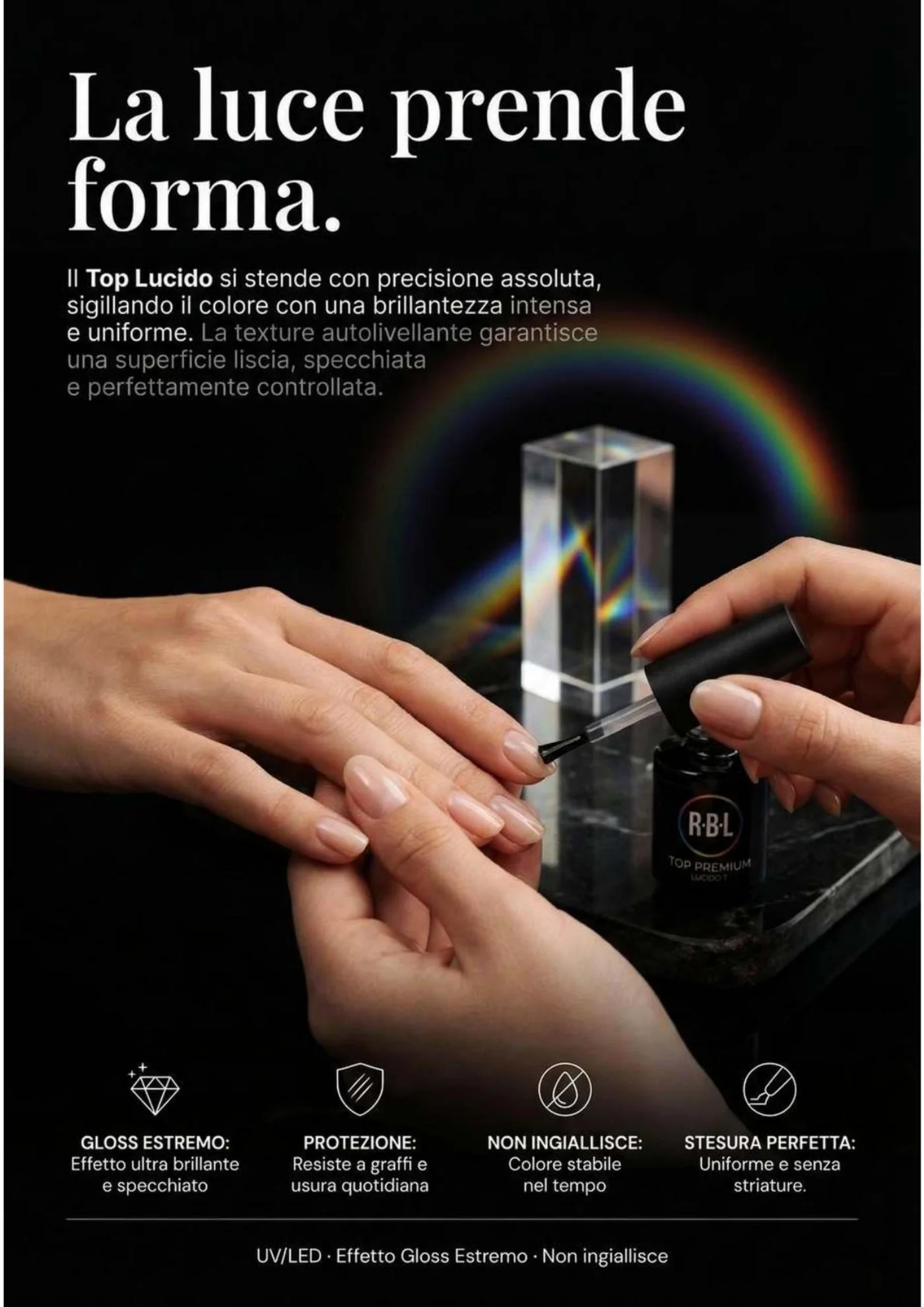 Pagina 28. Pagina Top Lucido con titolo «La luce prende forma», gesto di applicazione e riflessi prismatici.