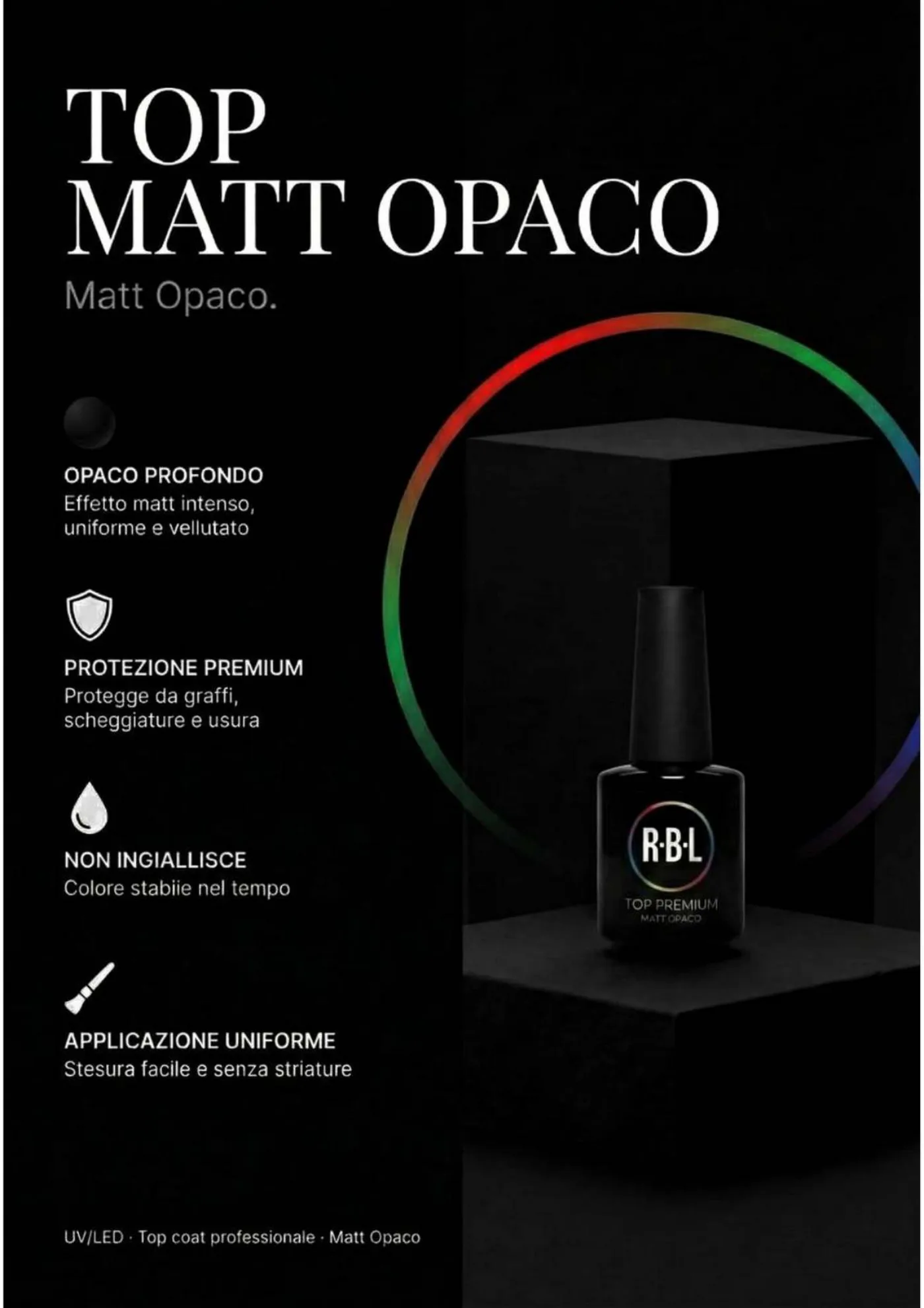 Pagina 29. Scheda Top Matt Opaco su fondo nero, con prodotto, icone e accento luminoso circolare.
