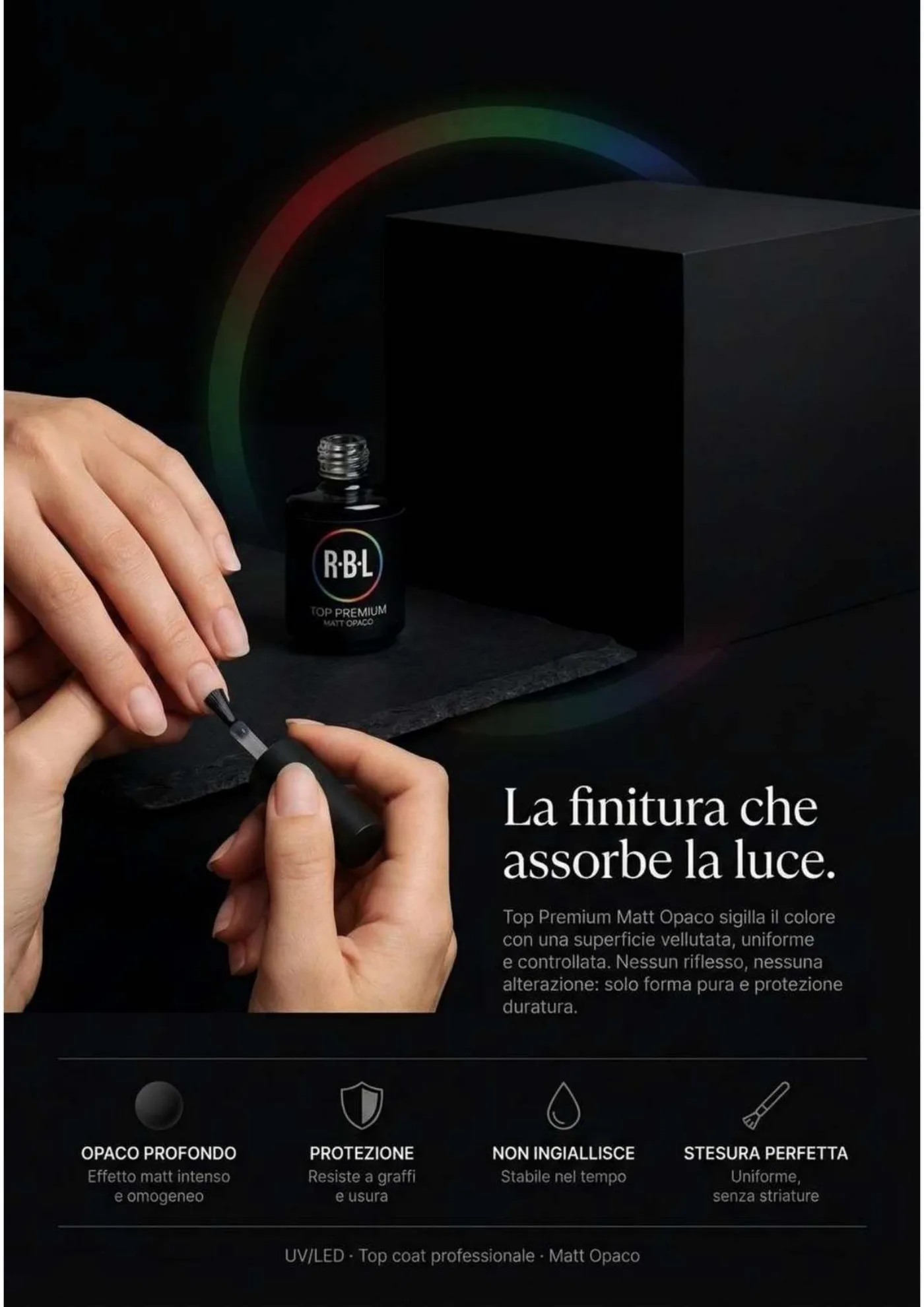 Pagina 30. Pagina Top Matt Opaco con gesto di applicazione, flacone e titolo «La finitura che assorbe la luce».