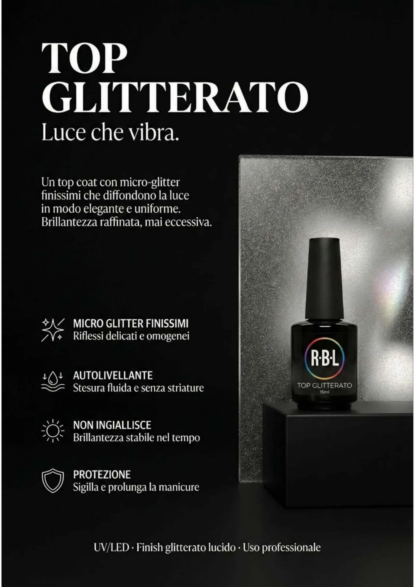 Pagina 31. Scheda Top Glitterato con flacone, icone e pannello di materia brillante.