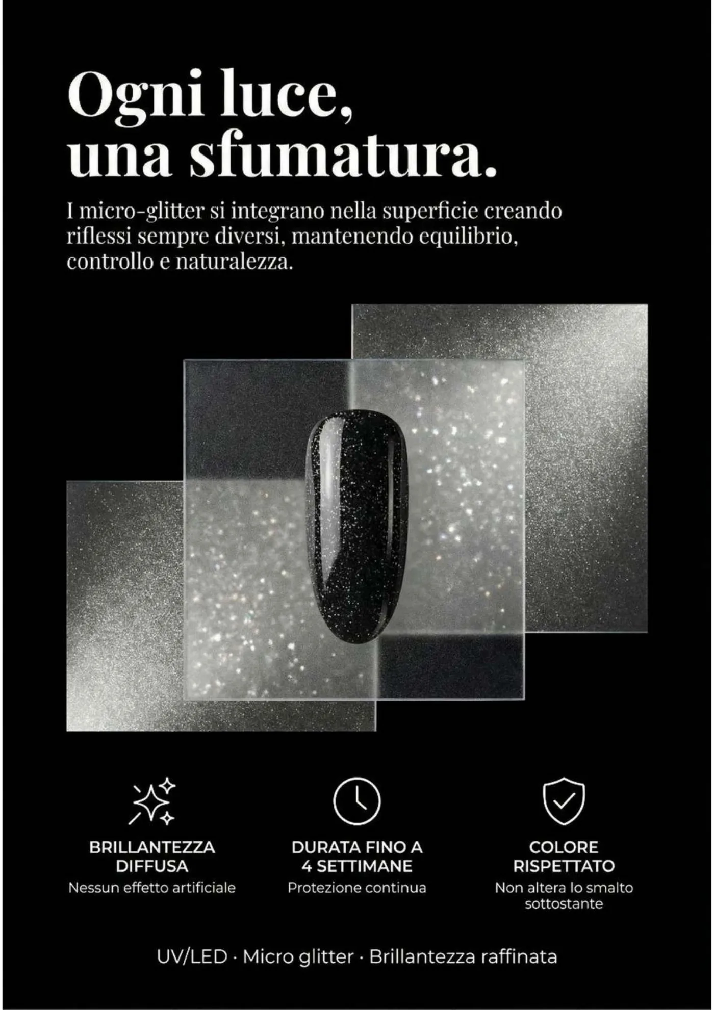 Pagina 32. Pagina Top Glitterato con titolo «Ogni luce, una sfumatura» e una superficie glitterata su fondo nero.