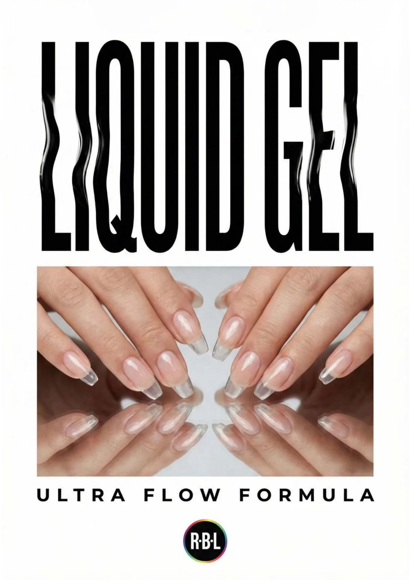 Pagina 34. Apertura della famiglia Liquid Gel: grande titolo nero, dettaglio di manicure e fondo bianco.