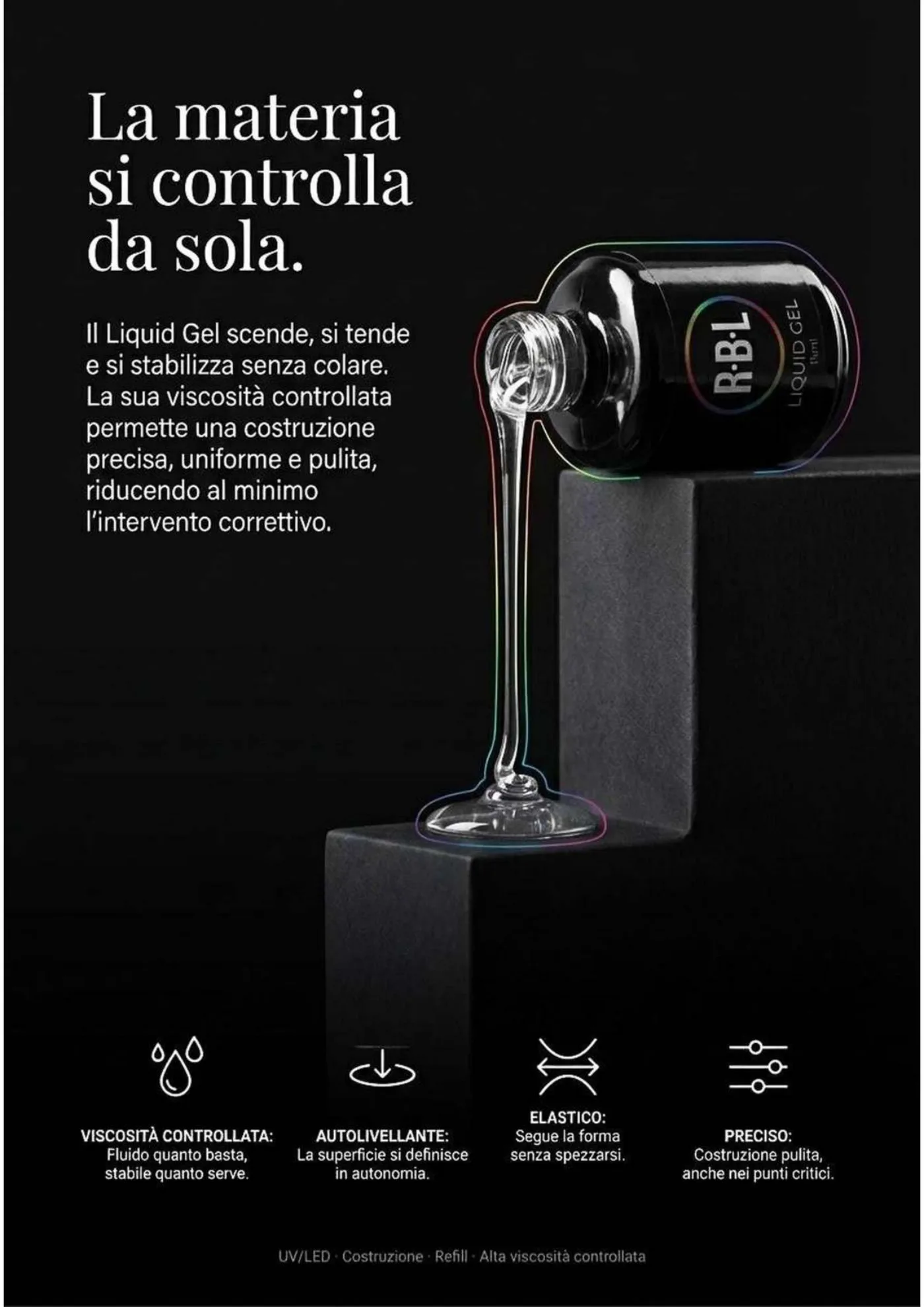 Pagina Liquid Gel con materiale trasparente colato da un flacone su struttura nera.