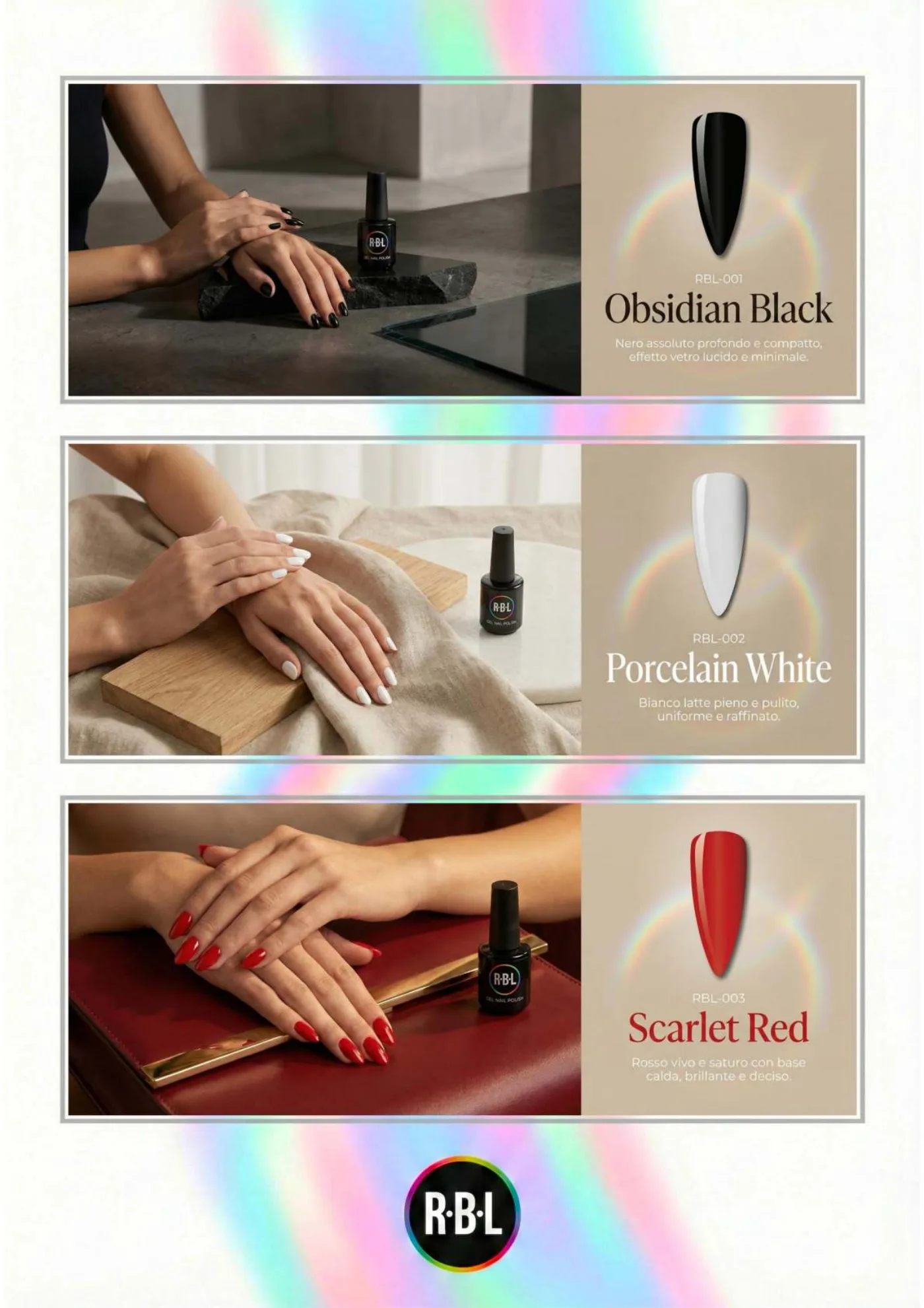 Pagina chiara con campioni Obsidian Black, Porcelain White e Scarlet Red.
