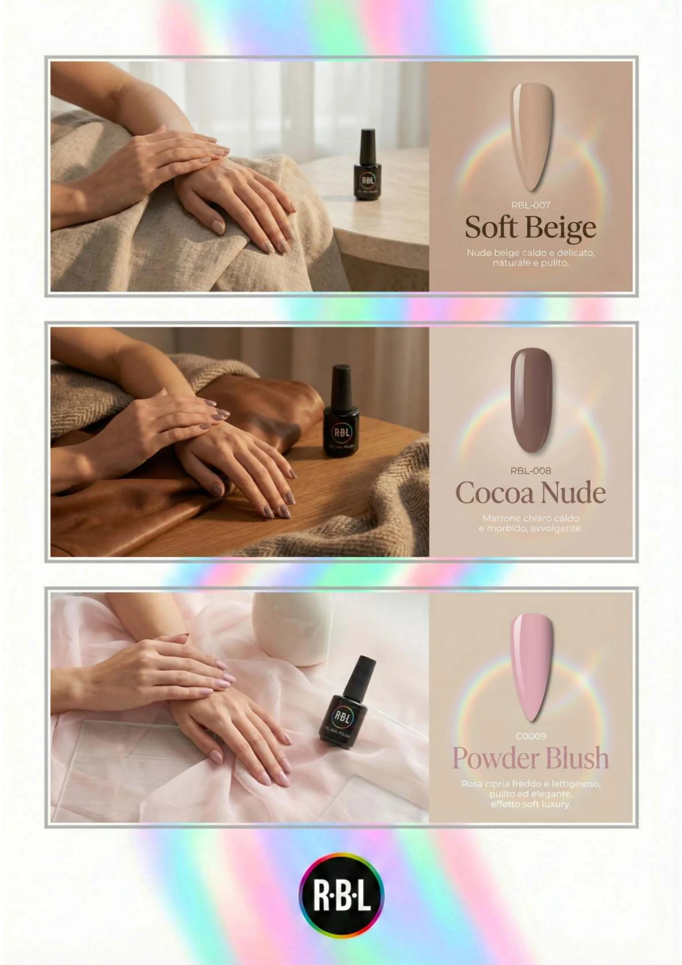 Pagina 44. Pagina dell’atlante cromatico su fondo chiaro. Tre moduli affiancano immagini di manicure, campioni di colore, nomi e codici delle tonalità.