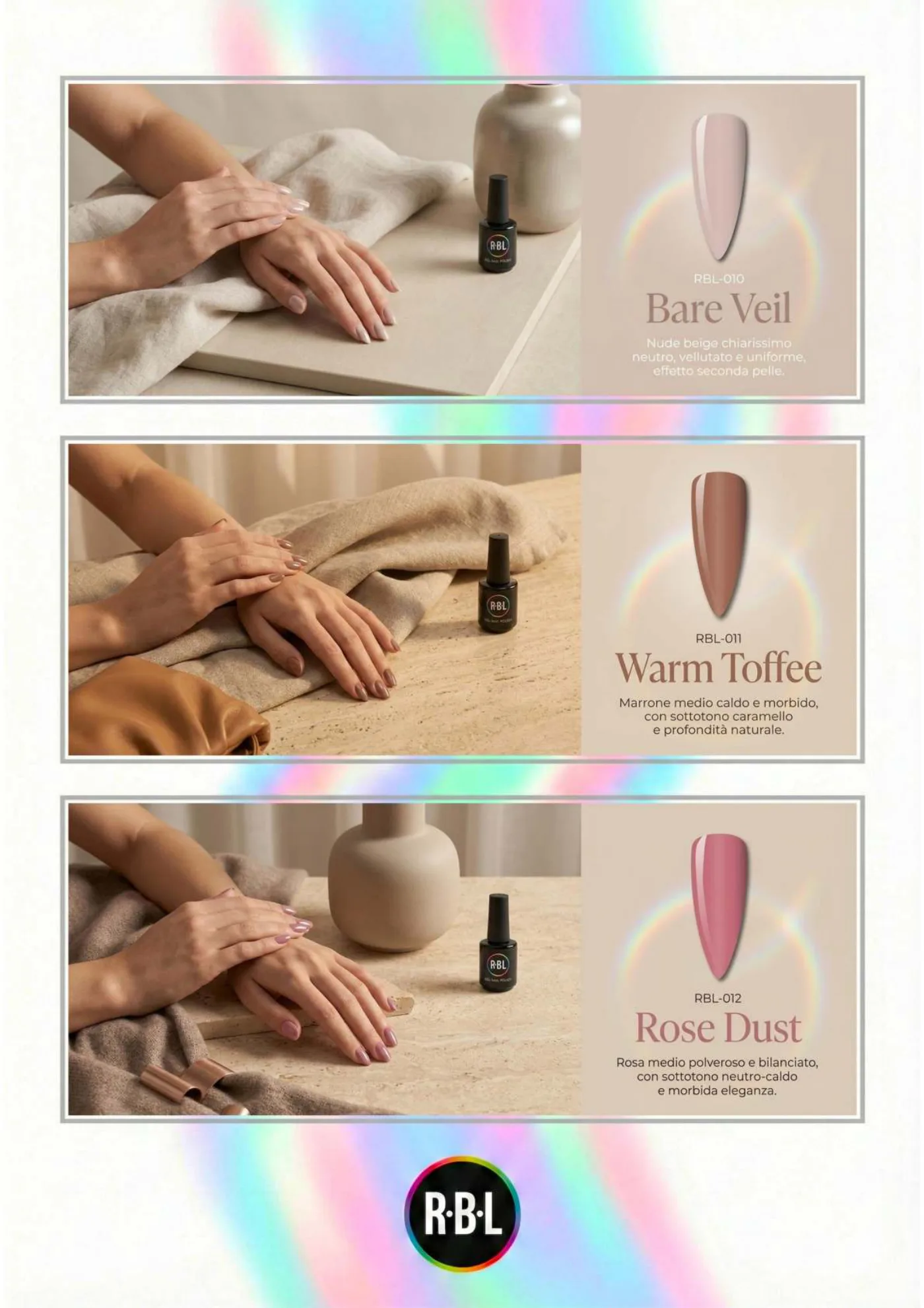 Pagina 45. Pagina dell’atlante cromatico su fondo chiaro. Tre moduli affiancano immagini di manicure, campioni di colore, nomi e codici delle tonalità.