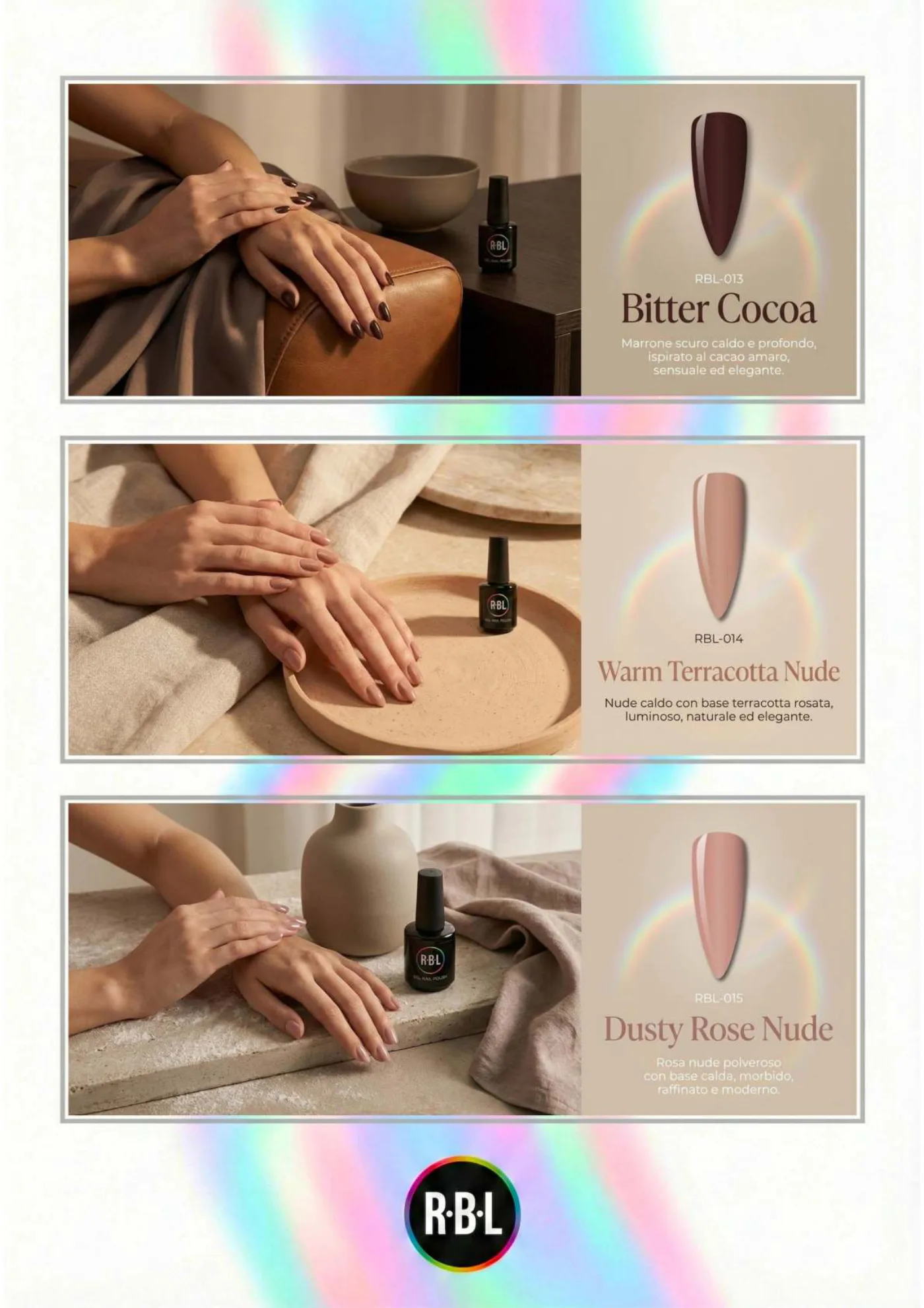 Pagina 46. Pagina dell’atlante cromatico su fondo chiaro. Tre moduli affiancano immagini di manicure, campioni di colore, nomi e codici delle tonalità.