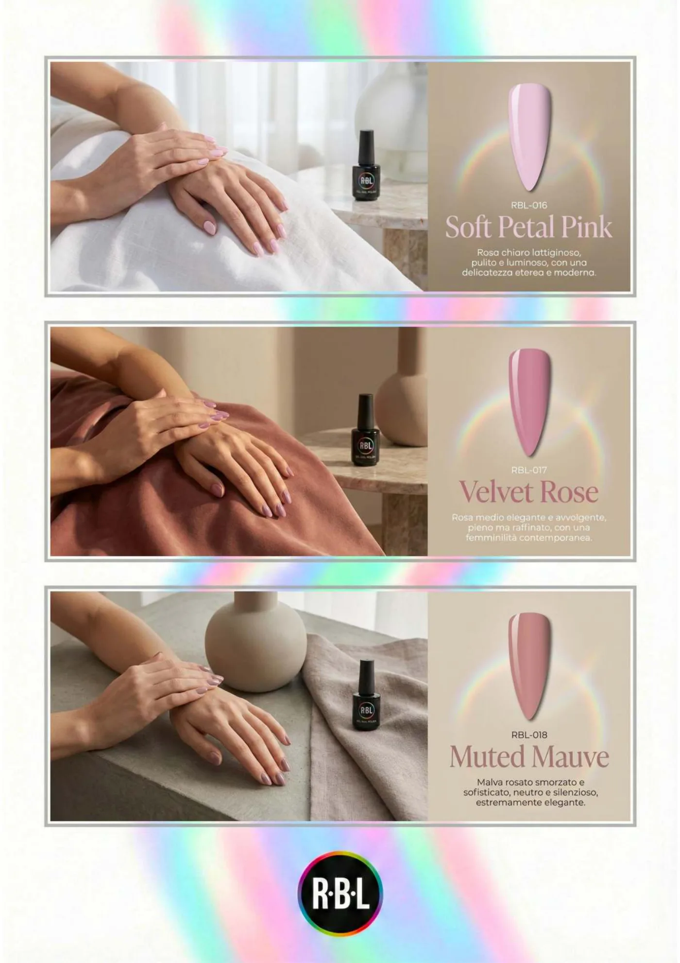 Pagina 47. Pagina dell’atlante cromatico su fondo chiaro. Tre moduli affiancano immagini di manicure, campioni di colore, nomi e codici delle tonalità.