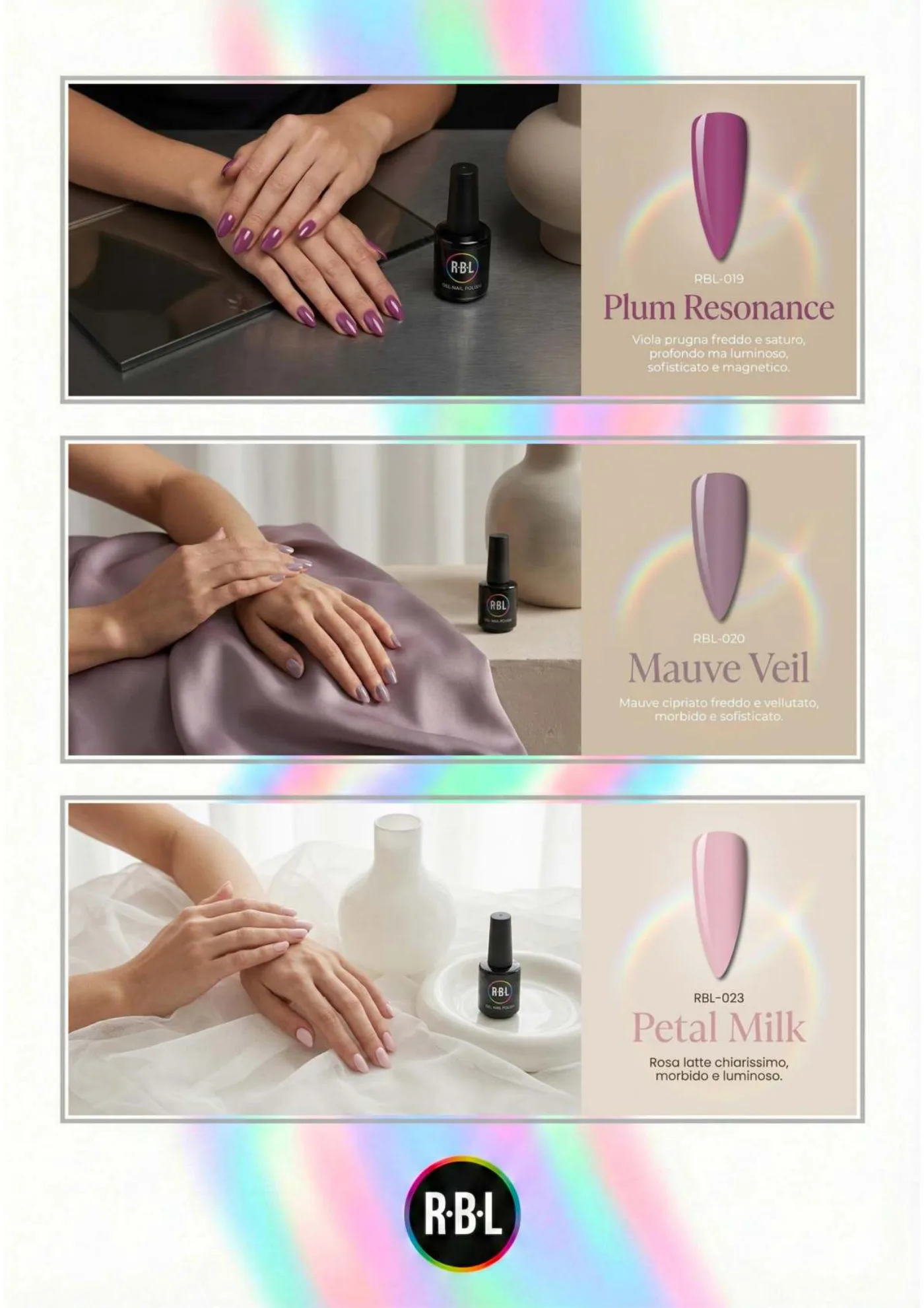 Pagina 48. Pagina dell’atlante cromatico su fondo chiaro. Tre moduli affiancano immagini di manicure, campioni di colore, nomi e codici delle tonalità.