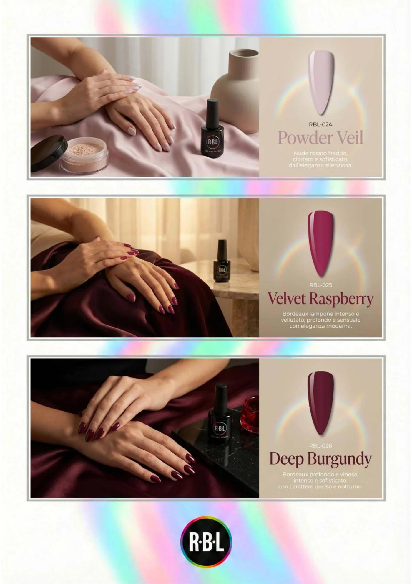 Pagina 49. Pagina dell’atlante cromatico su fondo chiaro. Tre moduli affiancano immagini di manicure, campioni di colore, nomi e codici delle tonalità.