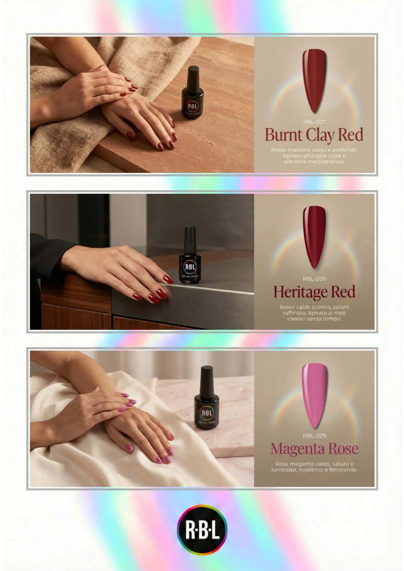 Pagina 50. Pagina dell’atlante cromatico su fondo chiaro. Tre moduli affiancano immagini di manicure, campioni di colore, nomi e codici delle tonalità.