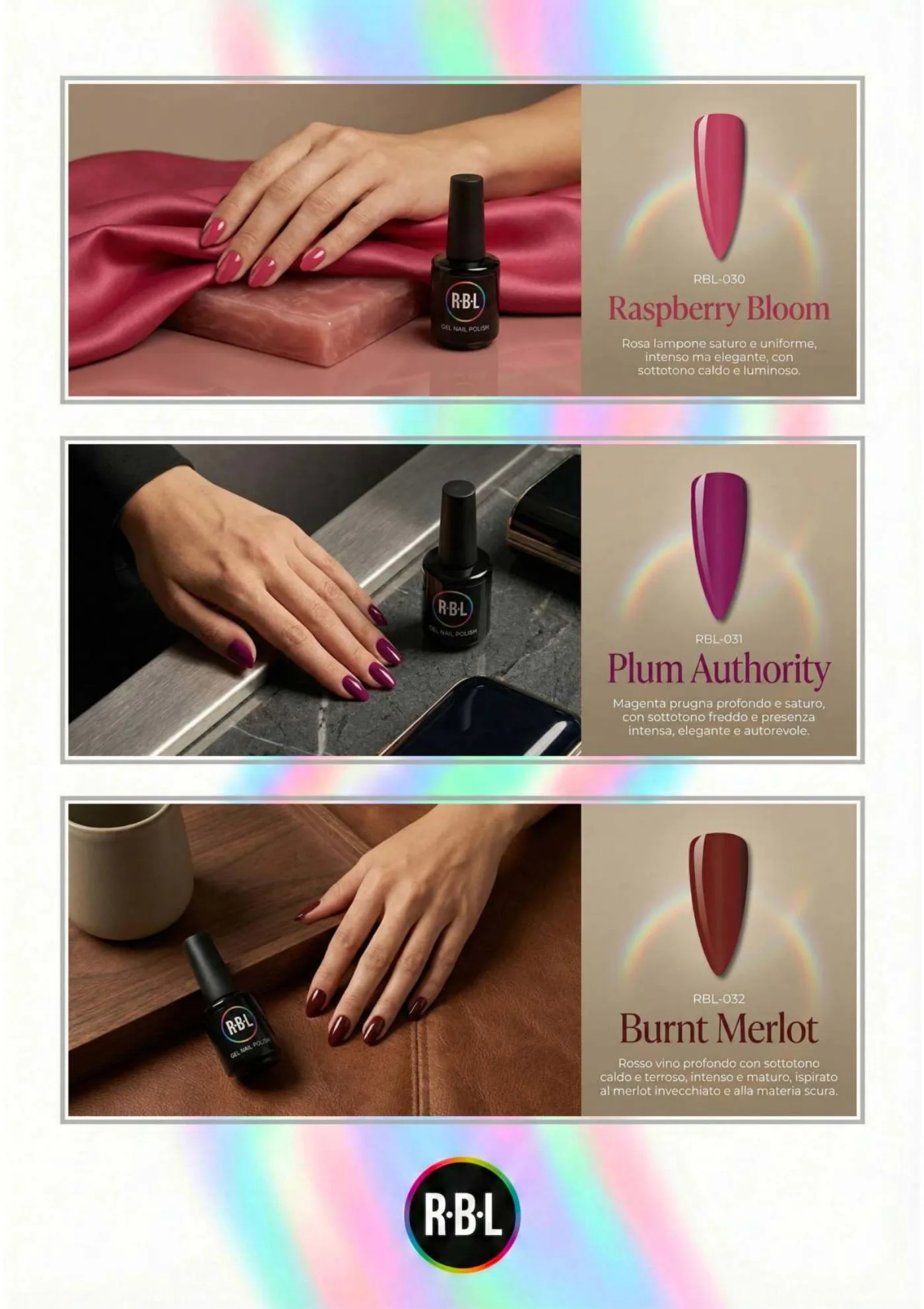 Pagina 51. Pagina dell’atlante cromatico su fondo chiaro. Tre moduli affiancano immagini di manicure, campioni di colore, nomi e codici delle tonalità.